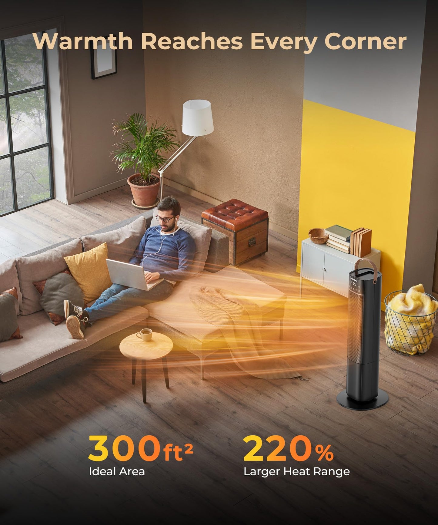Abolee Space Heaters Indoor Use, 26" 12ft/s Electric Heater with Remote, 1500W Tower Heater with 75°Oscillation, 1-12H Timer, PTC Electric Heater for Large Room, Bedroom Home Office