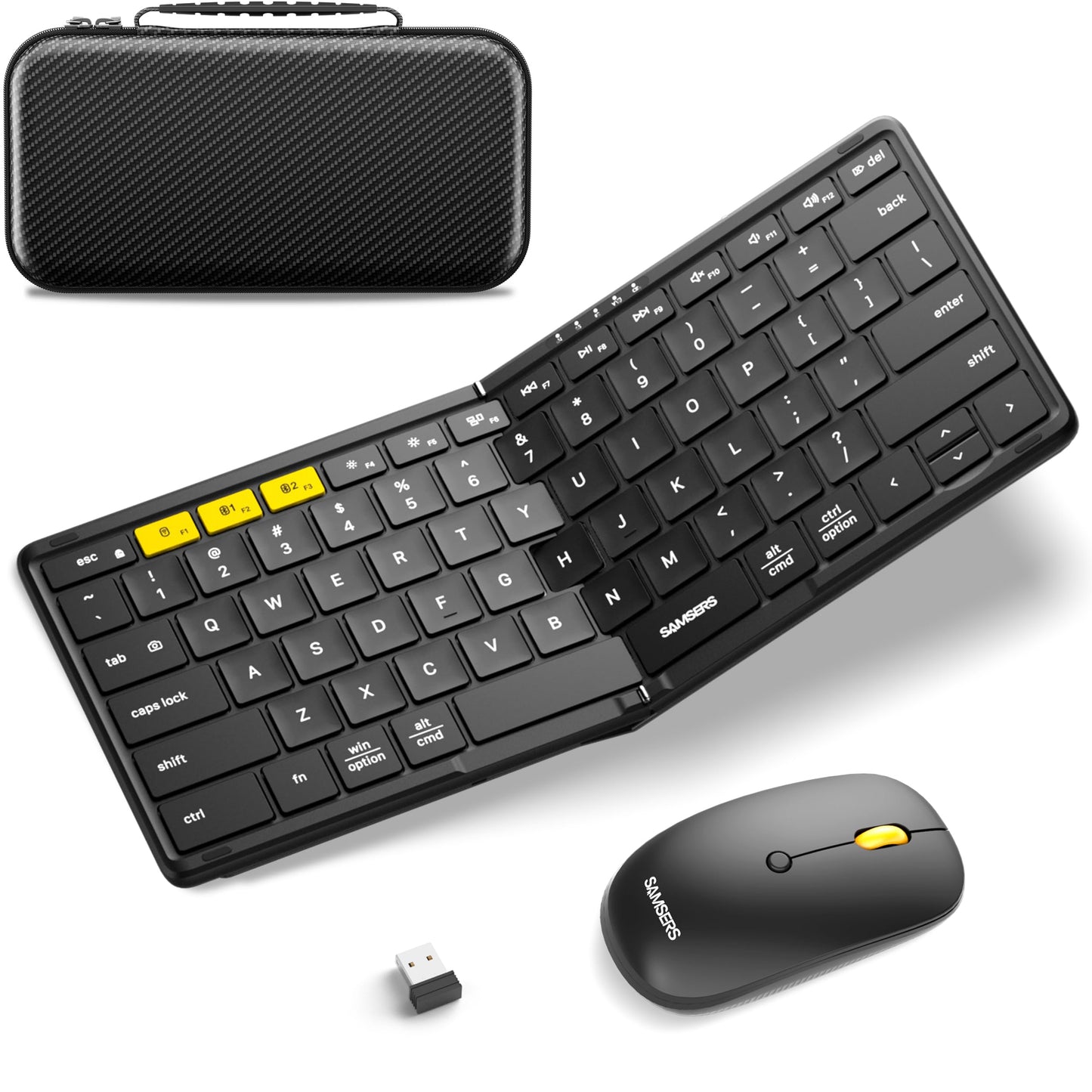 Foldable Keyboard and Mouse, Samsers KM08 Folding Bluetooth Keyboard Mouse Combo, 2.4G + BT5.0 x 2, Full-Size Portable Travel Keyboard & Rechargeable Wireless Mouse for iOS Android Windows Mac OS