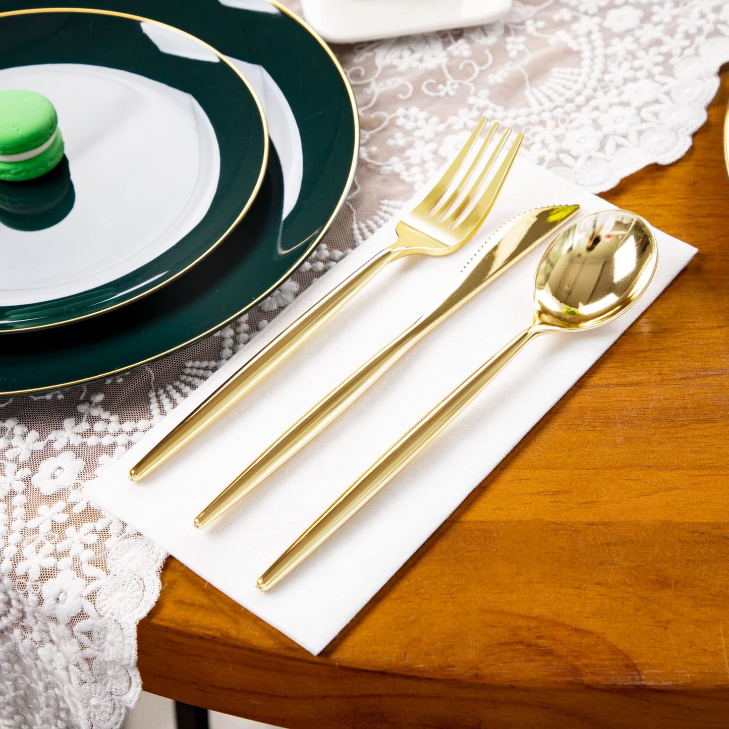 I00000 150Pcs Green Plastic Plates with Gold Rim, Fancy Disposable Plates,Green Plates Set include 30 Dinner Plate,30 Dessert Plate, 90 Plastic Silverware Set for Wedding&Party