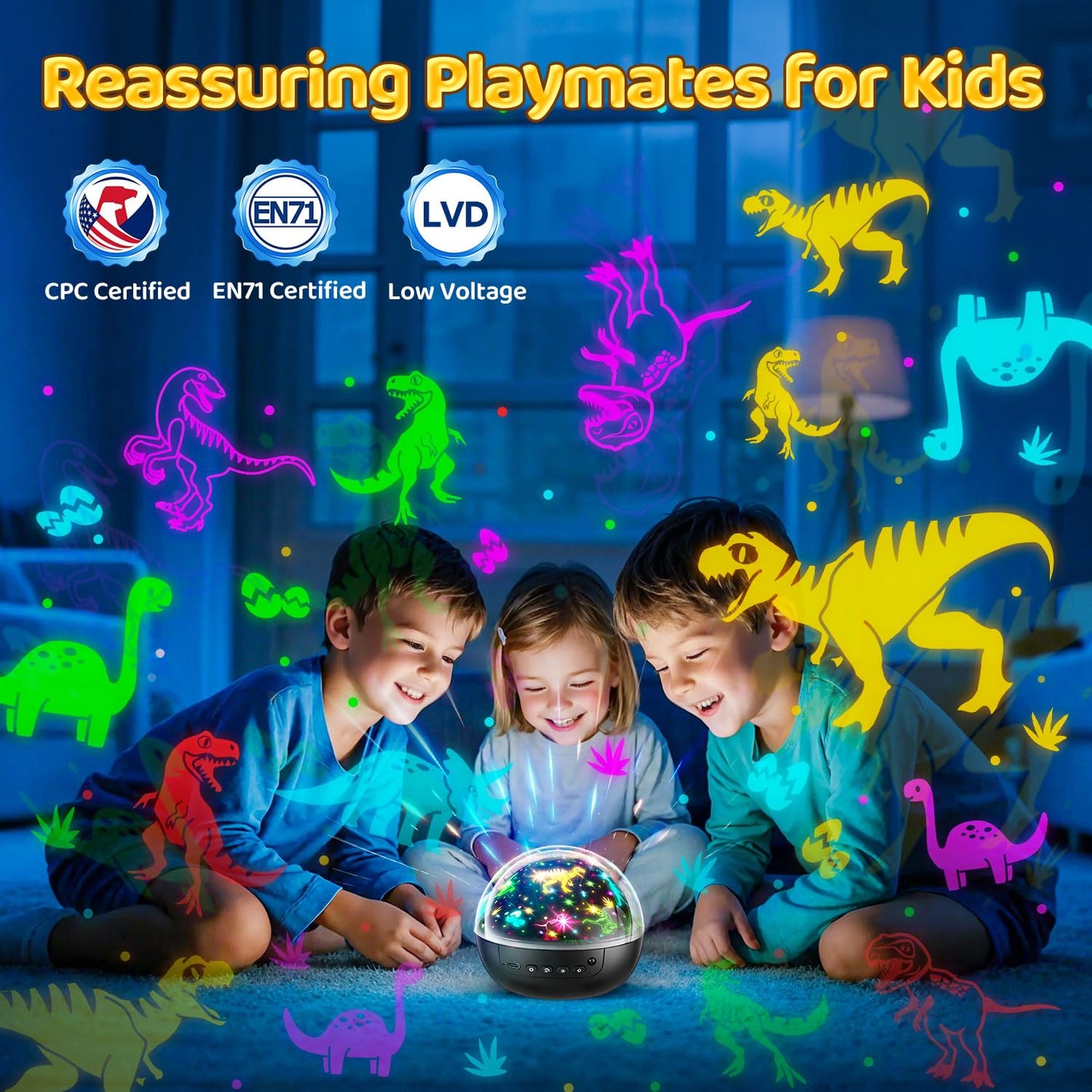 Kids Night Light Projector with 3 Films & 93 Effects, Remote & 3 Timer - Rotating Dinosaur Night Light for Kids' Room