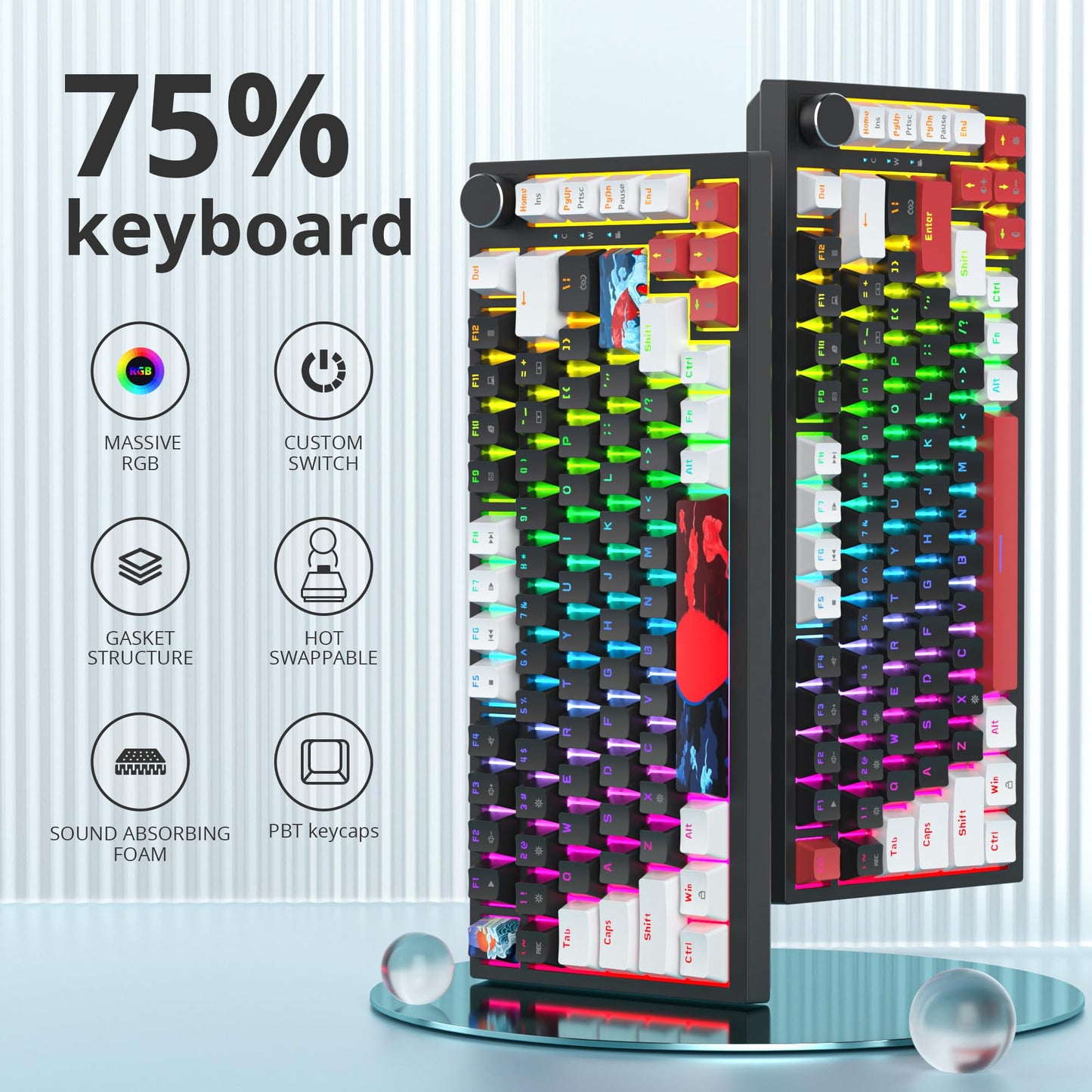 Guffercty kred 75% Gasket Mounted Gaming Keyboard Hot Swappable, 82 Key RGB Backlit Wired TKL Mechanical Keyboard with Knob & Programmable Macros, Custom Linear Switch for MAC Win (82 Black)