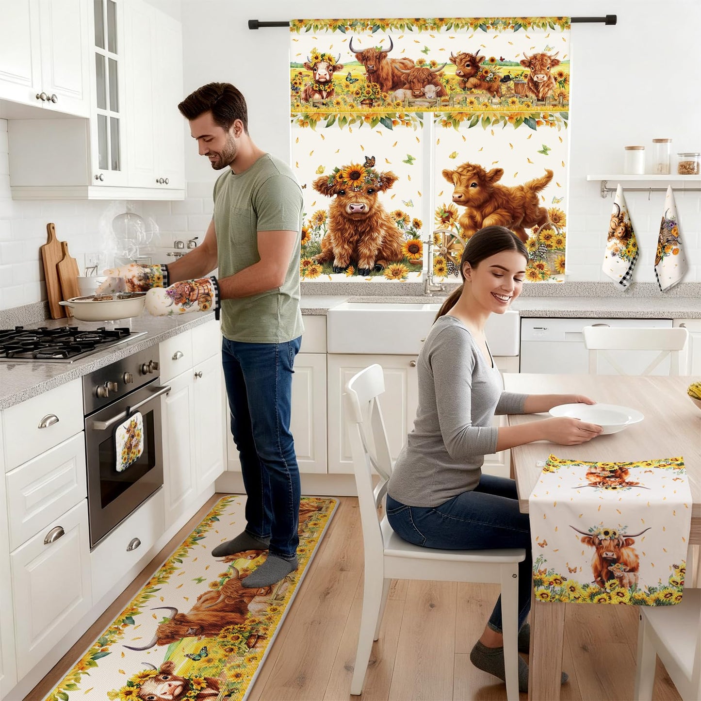 Hillsuren 13 Pcs Farmhouse Highland Cow Kitchen Decor Set 3 Cow Kitchen Curtains Valance 2 Sunflower Rugs and Mats 4 Towels 2 Pot Holders 2 Oven Mitts for Home Decor Cooking Grilling Housewarming Gift