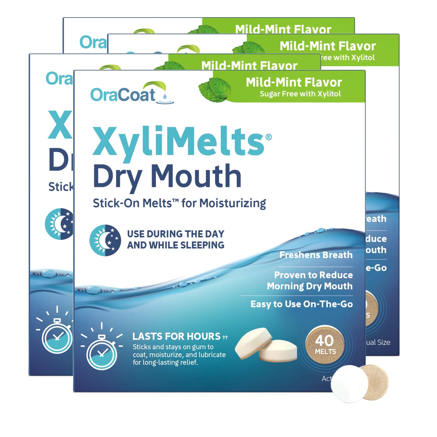 OraCoat XyliMelts Dry Mouth Relief Moisturizing Oral Adhering Discs Mild Mint with Xylitol, for Dry Mouth, Stimulates Saliva, Non-Acidic, Day and Night Use, Time Release for up to 8 Hours, 4 Pack
