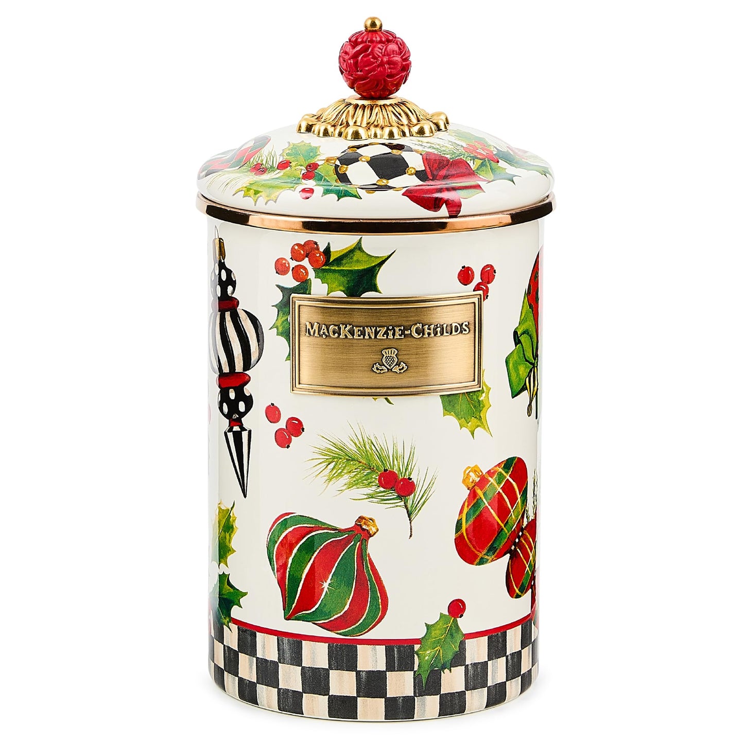MACKENZIE-CHILDS Enamel Canister, Kitchen Storage Container with Lid, Large, Deck the Halls