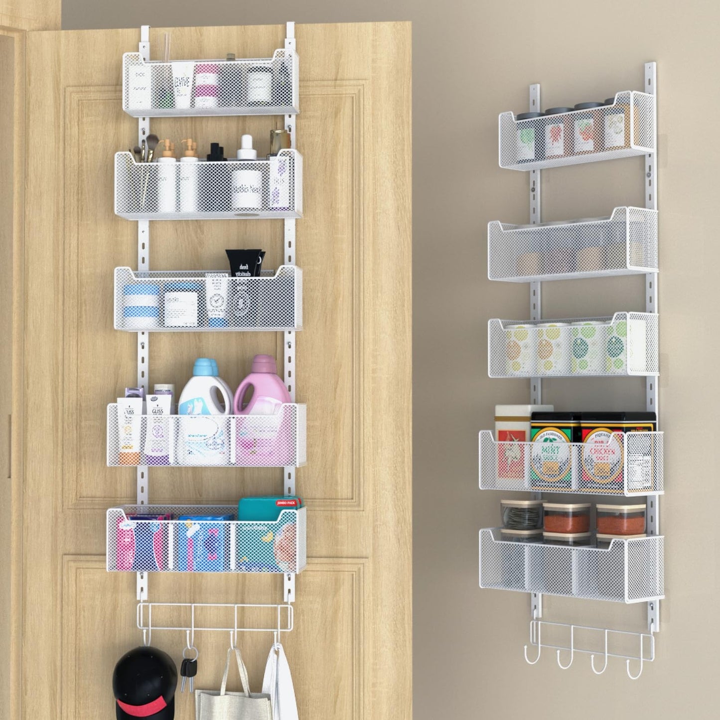 VyGrow Over The Door Organizer, Metal Door Organizer Hanging with 5 Adjustable Baskets and Coat Hook, Behind The Door Storage for Bedroom Closet Bathroom Pantry Cabinet Kitchen, White
