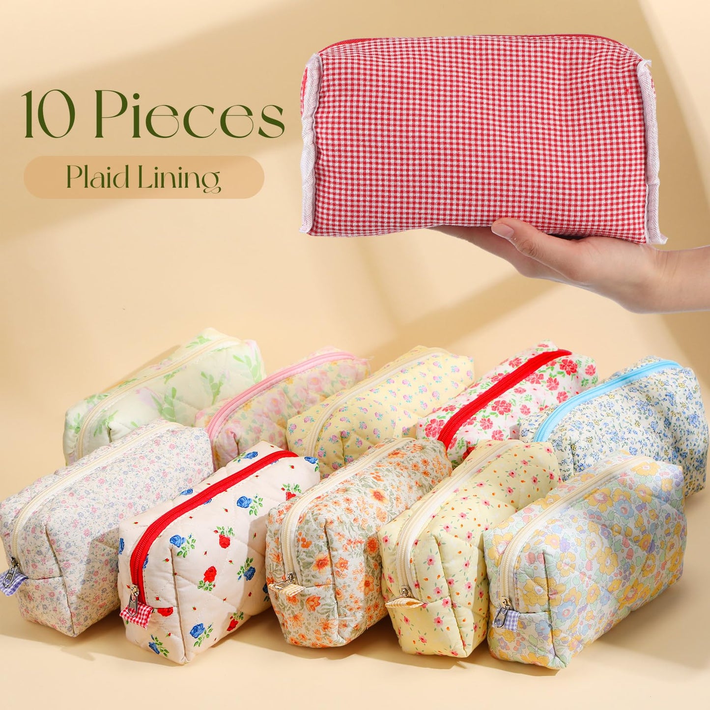 Paterr 10 Pcs Cotton Quilted Makeup Bag Floral Cosmetic Bag Coquette Aesthetic Makeup Pouch with Zipper Travel Portable Beauty Case Preppy Gifts for Women(Classic Style)