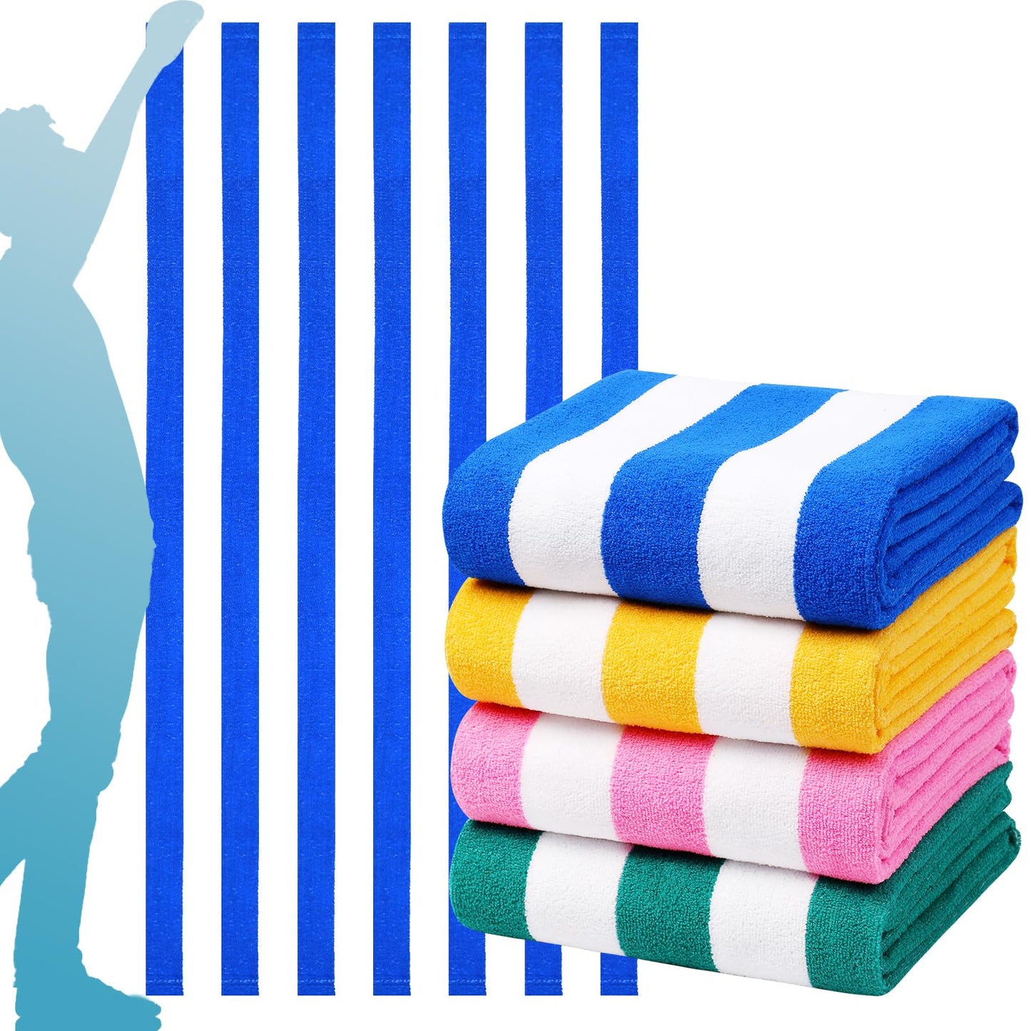 4 Packs Oversized Stripe Beach Towel Thin Terry Set for Women Men 72X40 In Absorbent Big Extra Large XL Clearance Travel FamiliesTowels Accessories Essentials Adults Gift Blue Pink Yellow Green