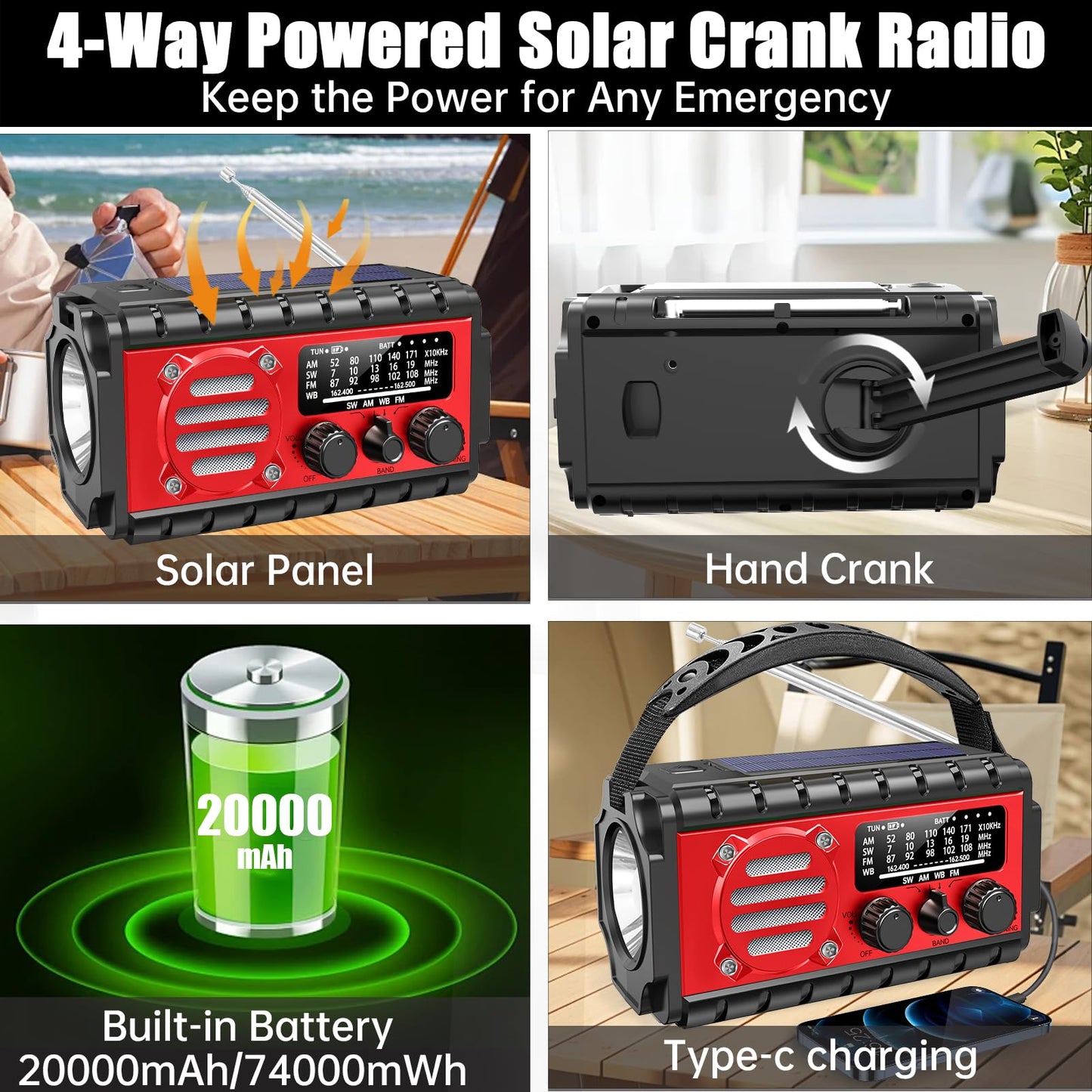 20000mah Emergency Radio, SW/NOAA/AM/FM Weather Radio, Solar Powered Hand Crank Charger with Big Battery Powered, Portable, Cellphone Charge, SOS, Flashlight for Emergency/Home