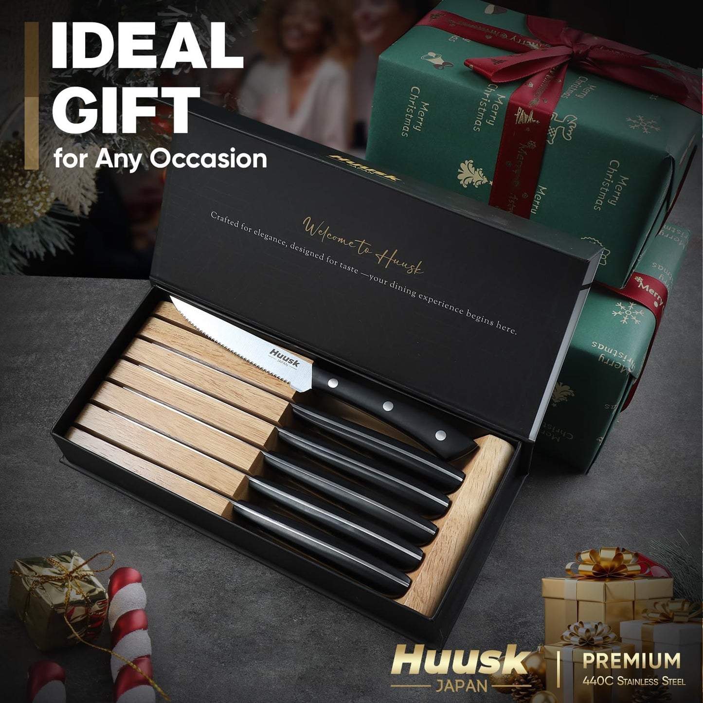 Huusk Steak Knives Set of 6 with Block, Sharp Serrated Steak Knives with Full Tang Handle, Japanese Stainless Steel Stake Knife Set with Drawer Organizer for Kitchen Dinner Table, Gifts for Men Women