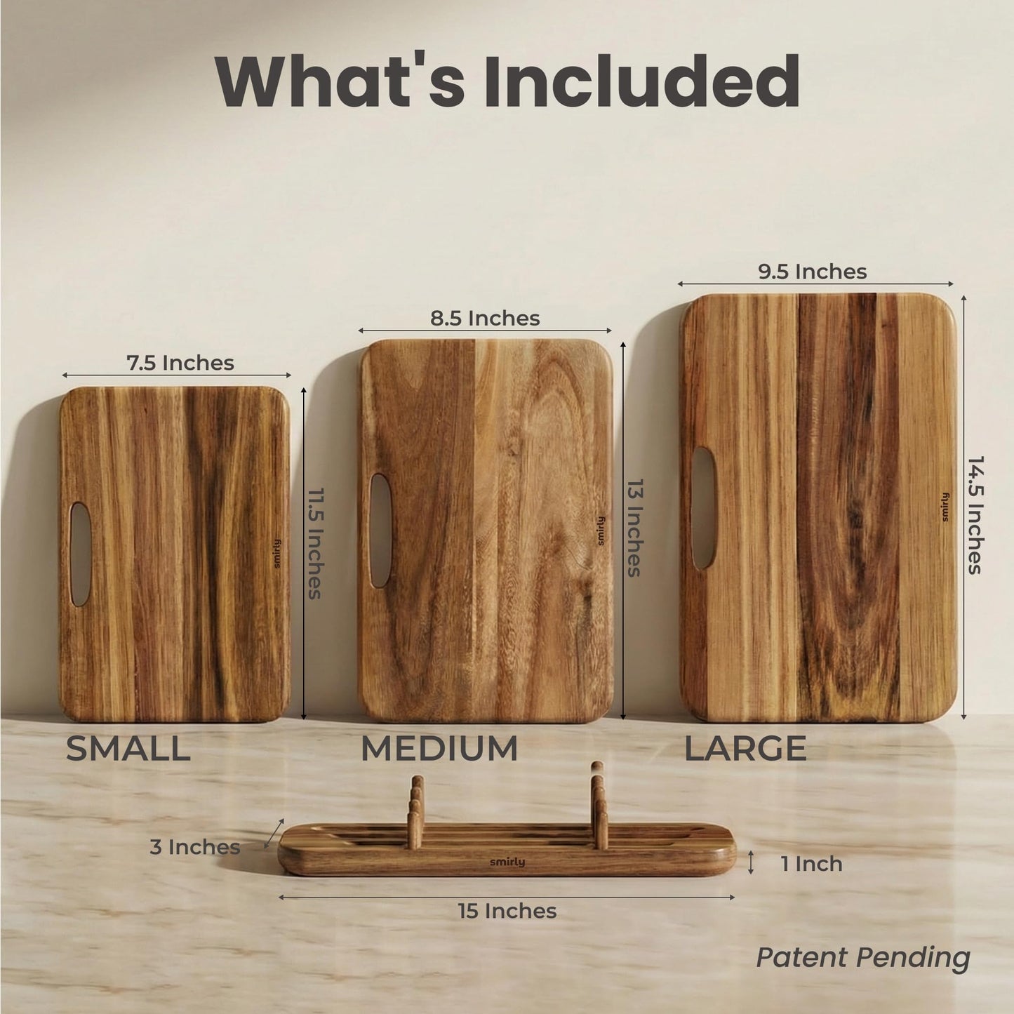 SMIRLY Wooden Cutting Boards for Kitchen, Double-Sided Cutting Board with Handle, Heavy Duty Solid Acacia Wood Cutting Board Set with Stand, 3 Pcs Cutting Boards Non Toxic for Meat Vegetable Fruit