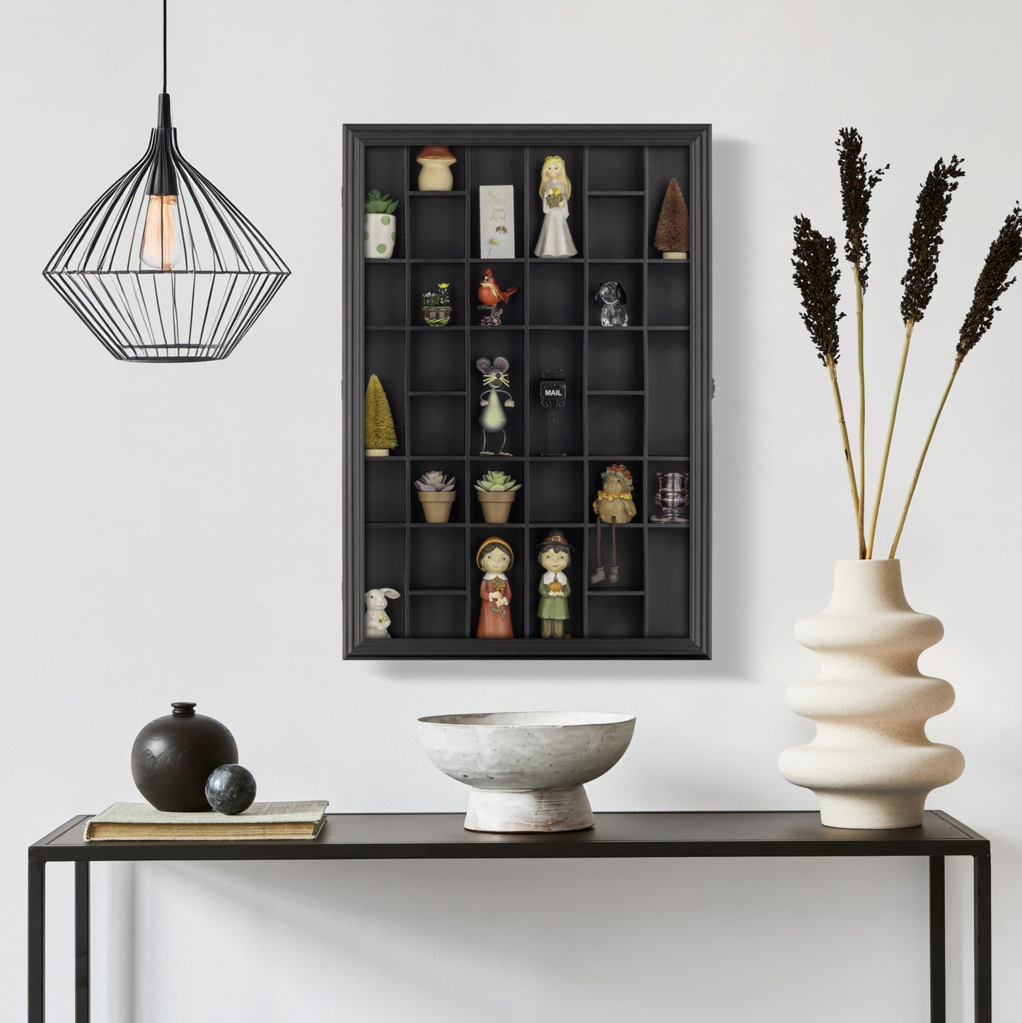 Gallery Solutions - Black Wall-Mounted - Curio & Shot Glass Display Case - 17"x26" Glass Door - Bar Accessories - Collectible - Miniature Glassware - Bar Accessories