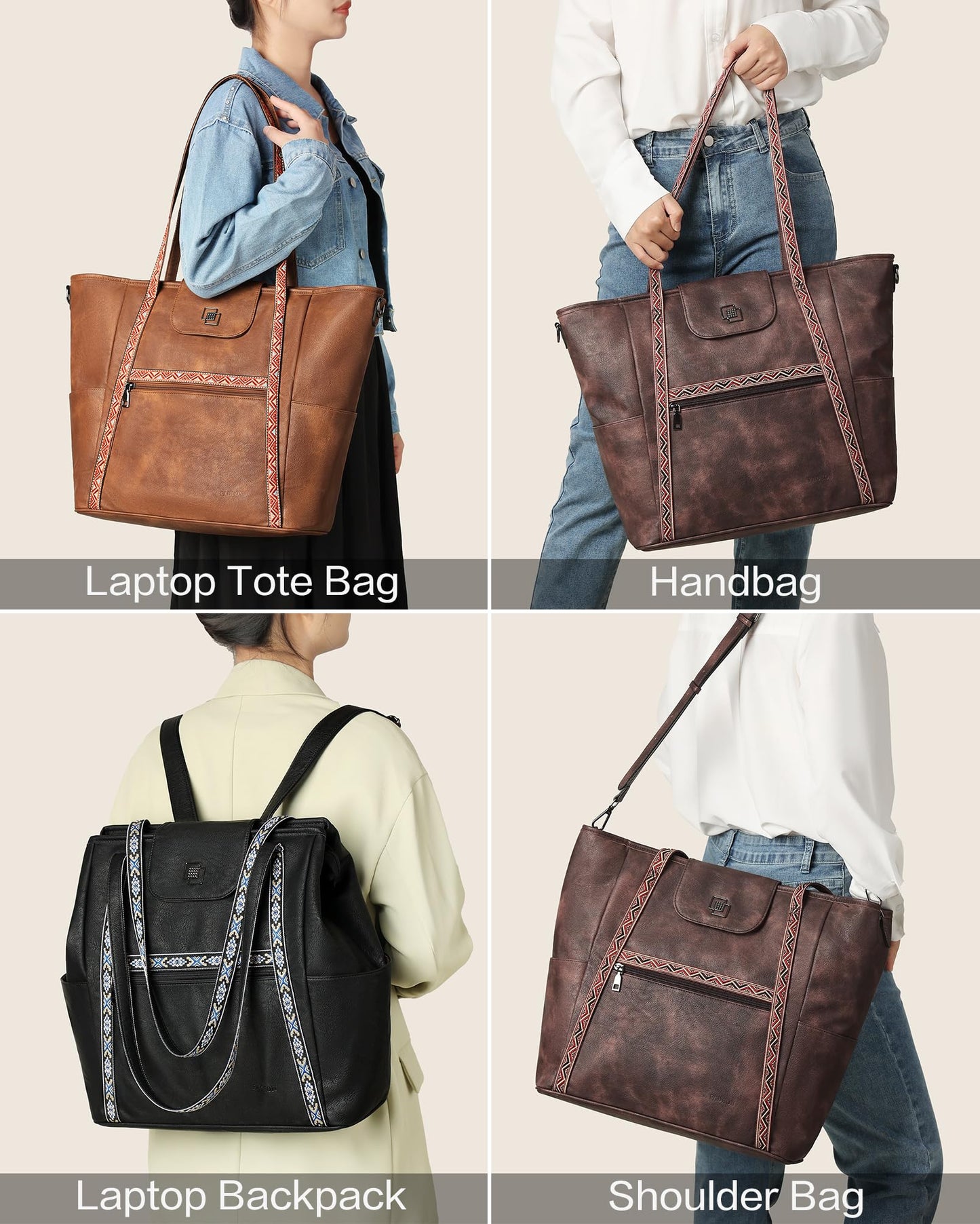 FADEON Large Laptop Tote Bag for Women Designer Leather Laptop Bag Fashion Travel Backpack Purse Shoulder Handbag Brown