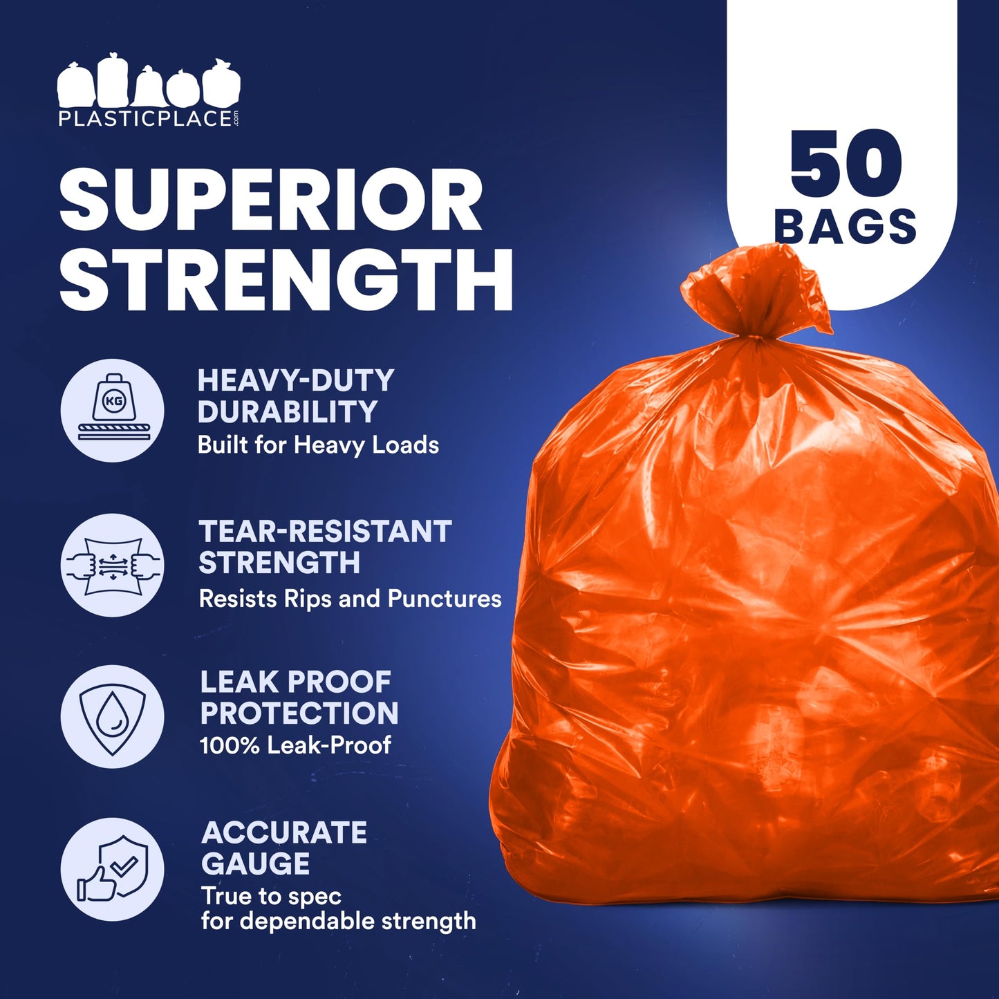 Plasticplace 55-60 gallon Trash Bags │ 1.2 Mil │ Orange Heavy Duty Garbage Can Liners │ 38” x 58” (50 Count)