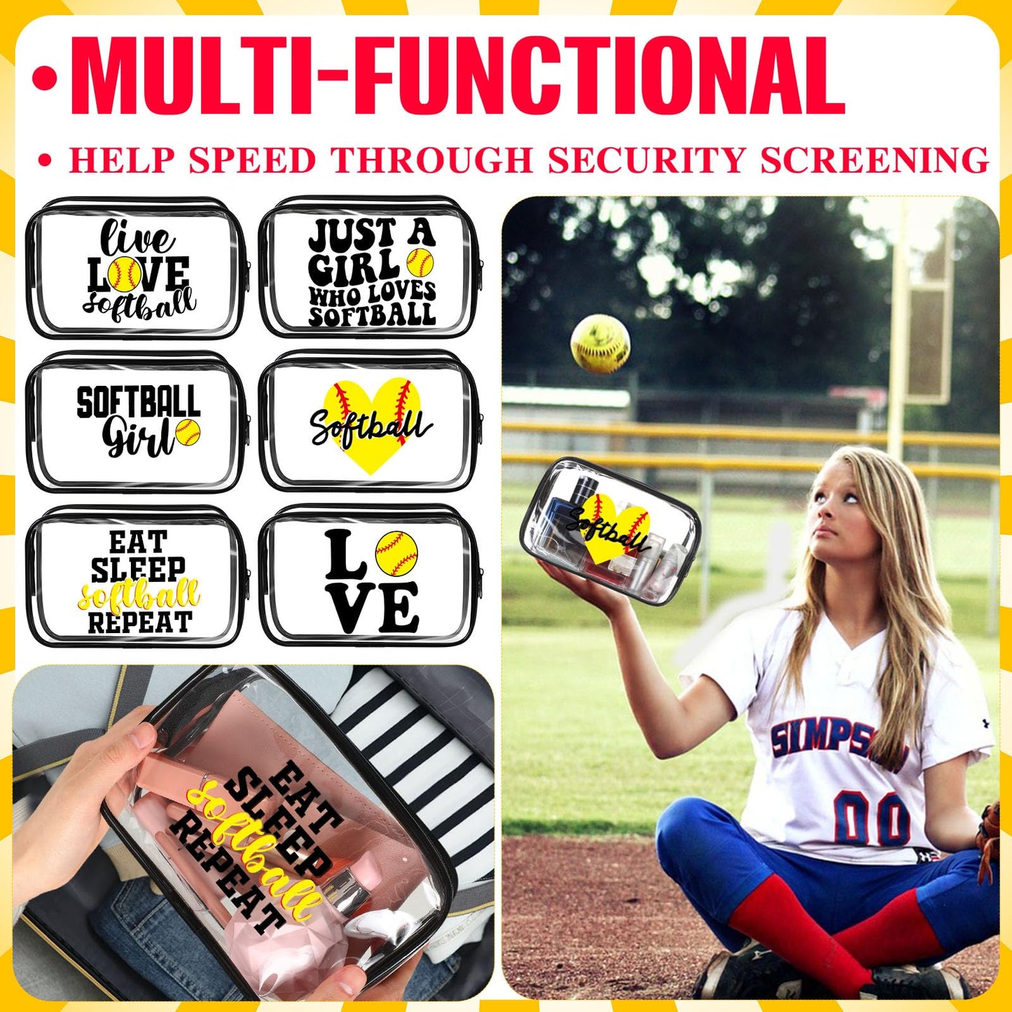 Reginary 12 Pcs 7 x 4.7 x 2.4'' Softball Makeup Bag Softball Gifts for Team Clear PVC Softball Cosmetic Case Softball Goodie Bag Stuffers Accessories for Woman Toiletry Zipper Pouch Team Party Favors