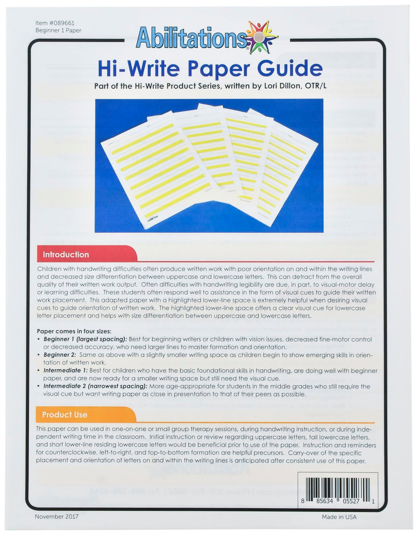 Abilitations 089661 Hi-Write Beginner Paper, Level 1, Pack of 100, Yellow/White
