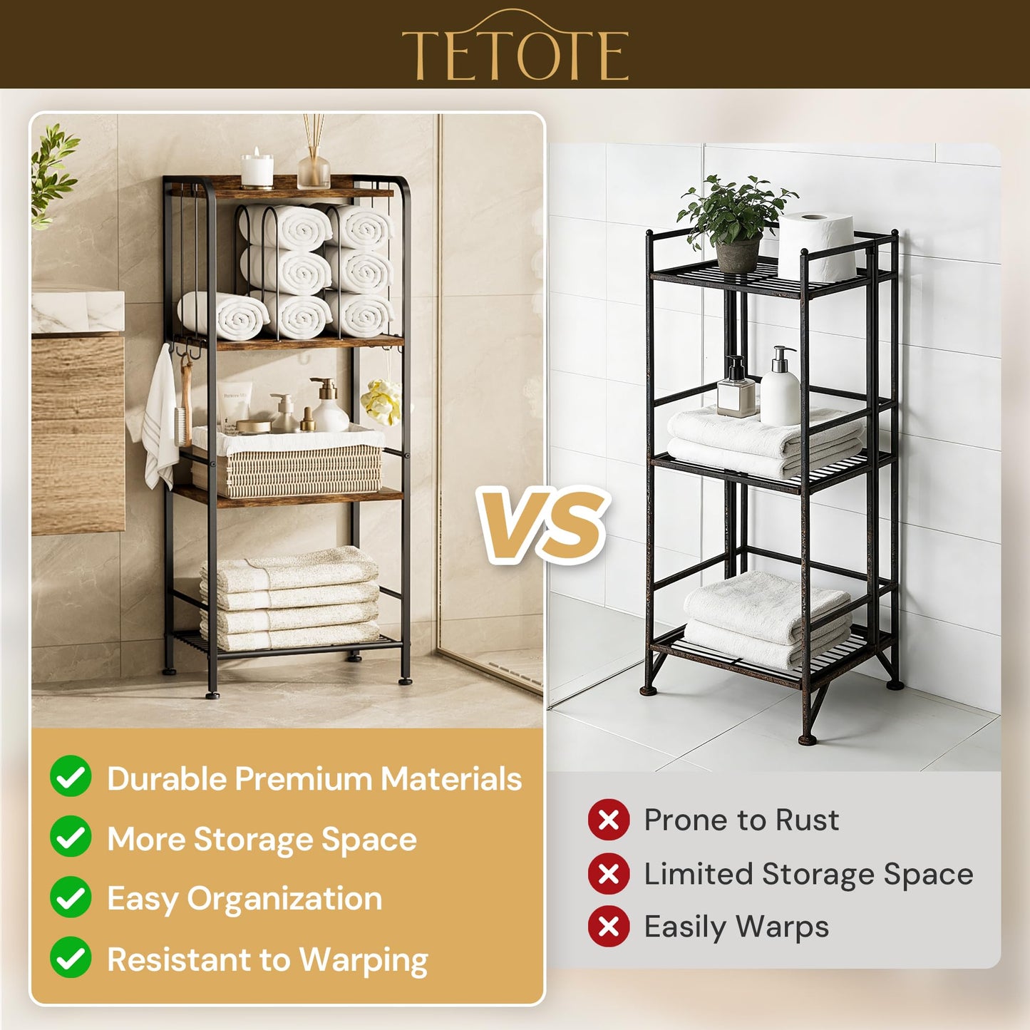 TETOTE 4-Tier Towel Rack, M-Shaped Detachable Dividers Towel Shelf with Hooks for Bathroom, Free Standing Pool Towel Holder Space-Saving Organizer, Rustic