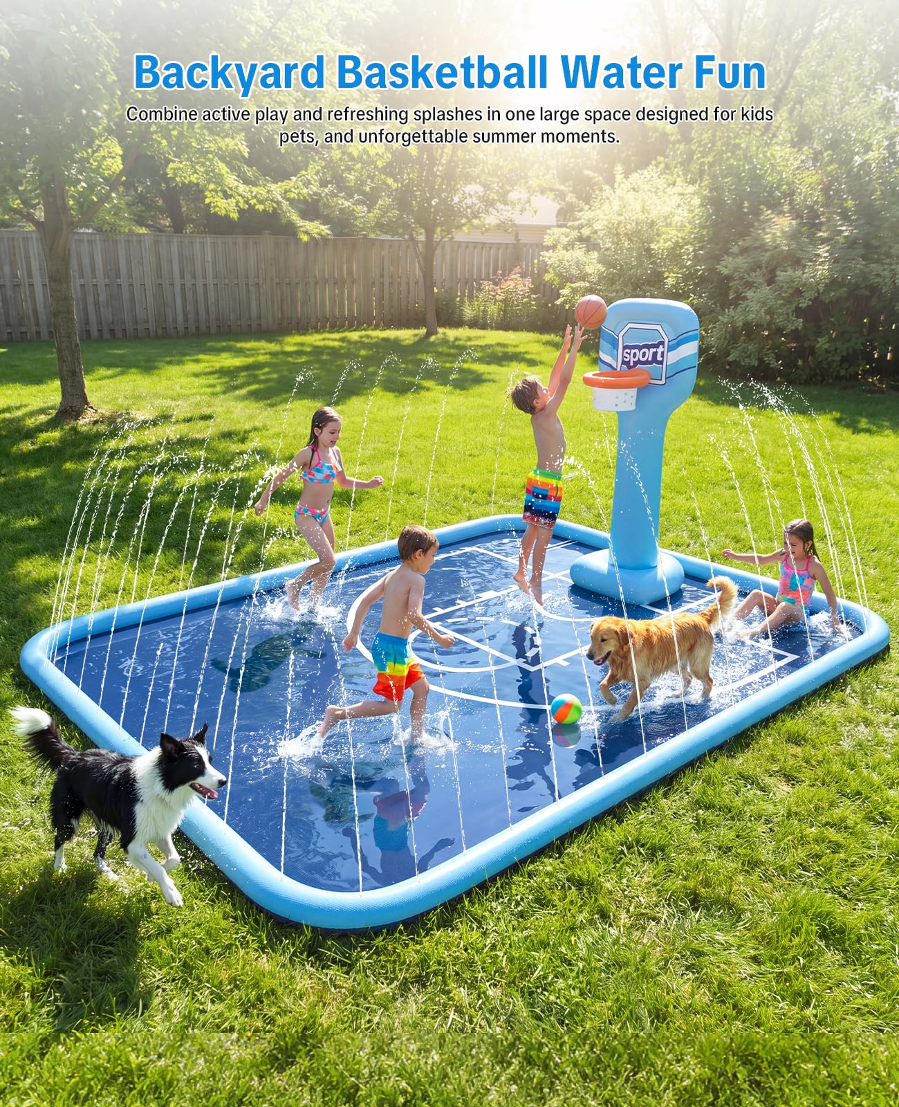 Splash Pad for Kids, 118"x138" Extra Large Sprinkler Splash Pad with Basketball Hoop & Ball, Non-Slip Outdoor Water Toys for Backyard Summer Fun