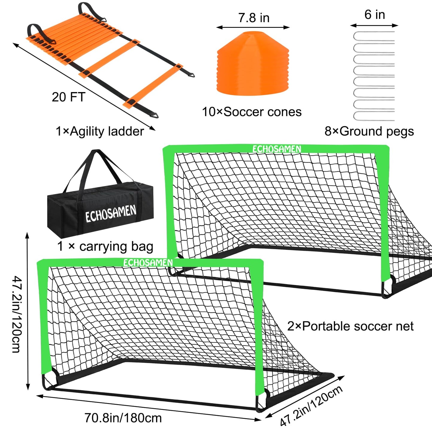 Kids Soccer Goals for Backyard, 2 of 6 x 4 ft Kids Soccer Goal Set Soccer Net with 10 Soccer Cones, Agility Ladder & Carry Bag, Portable Soccer Training Equipment.