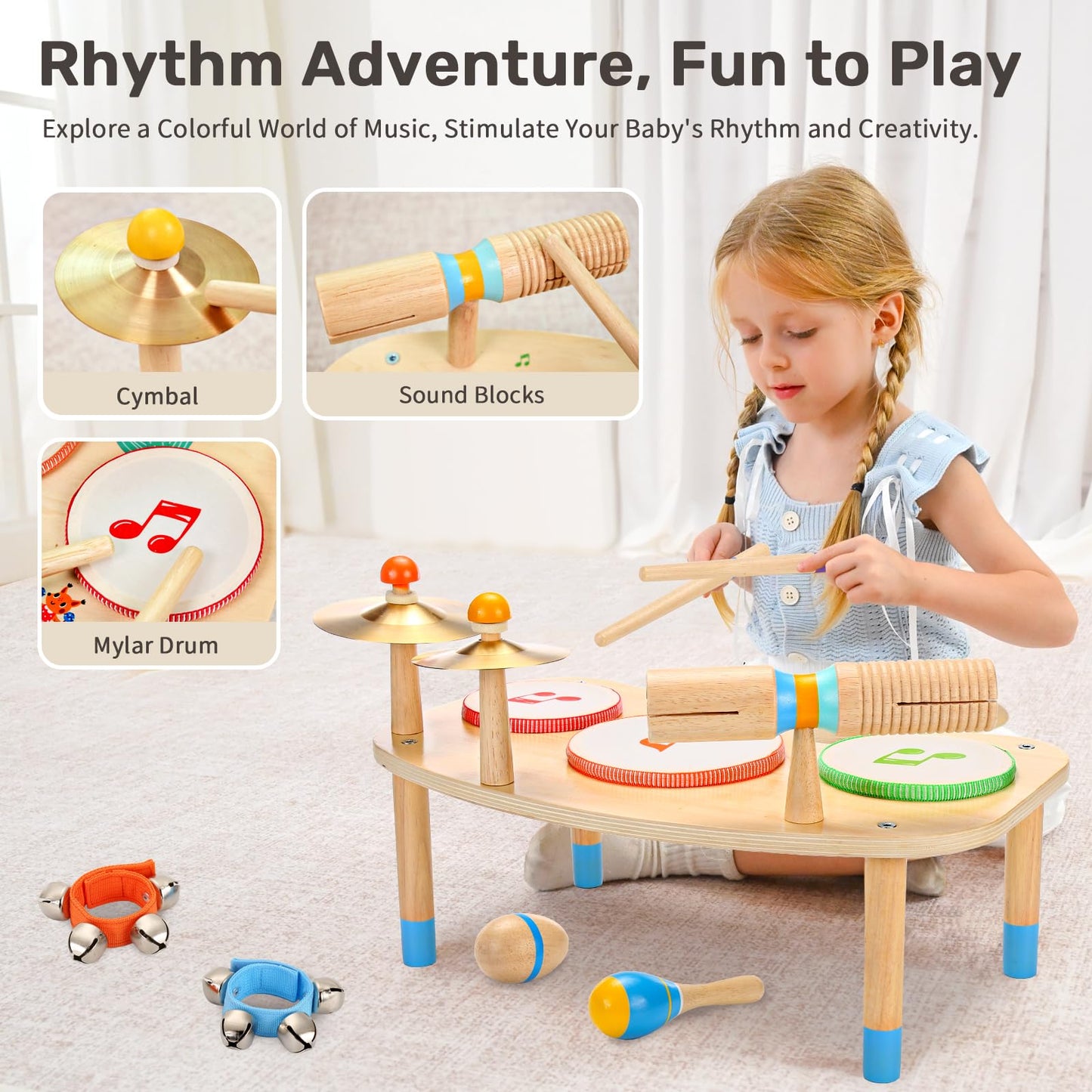 WINGYZ 11-in-1 Kids Drum Set – Montessori Baby Musical Toys & Wooden Musical Instruments for Toddlers 1-3, Music Table with Bongo Drums, Cymbals, Maracas & Wrist Bells for Early Rhythm Play