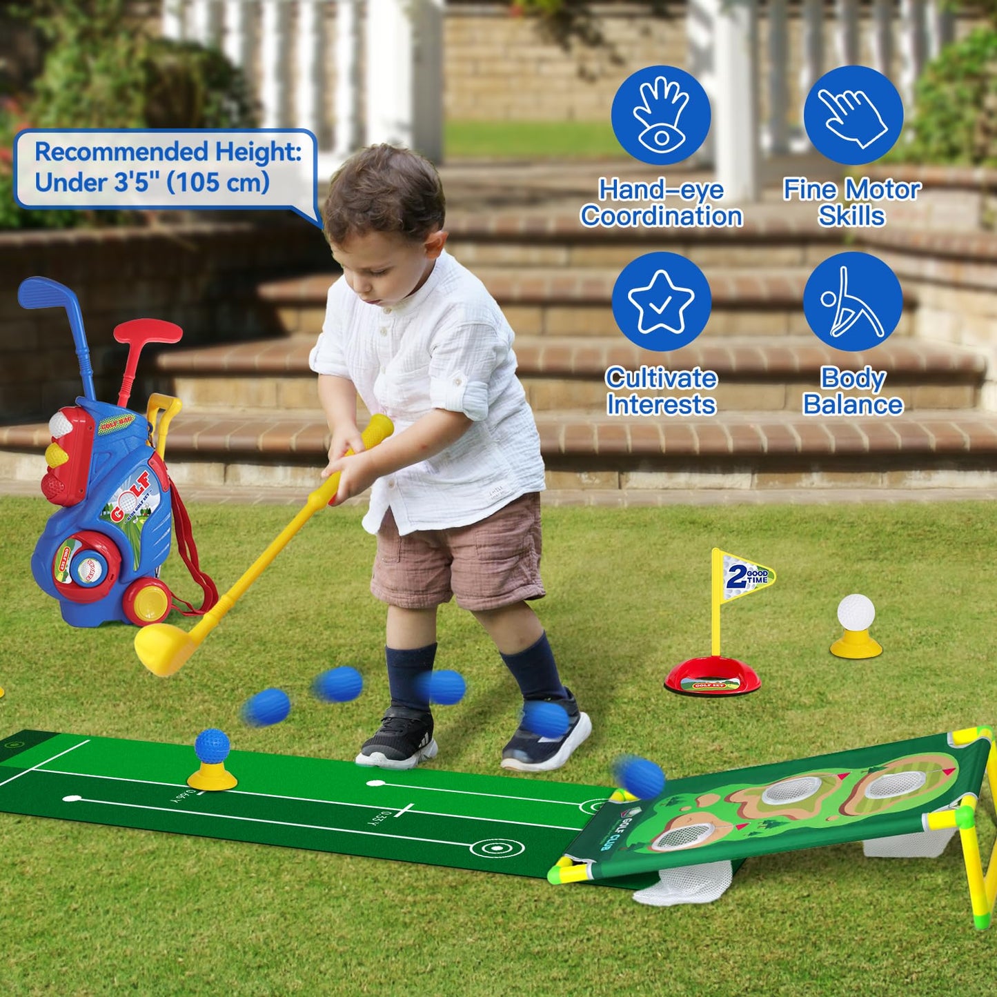 Jovizo Toddler Golf Set for Boys Girls 2 3 4 5 Years Old, Upgraded Kids Golf Cart with Putting Mat & Cornhole Board, Outdoor Indoor Sports Toys, Blue