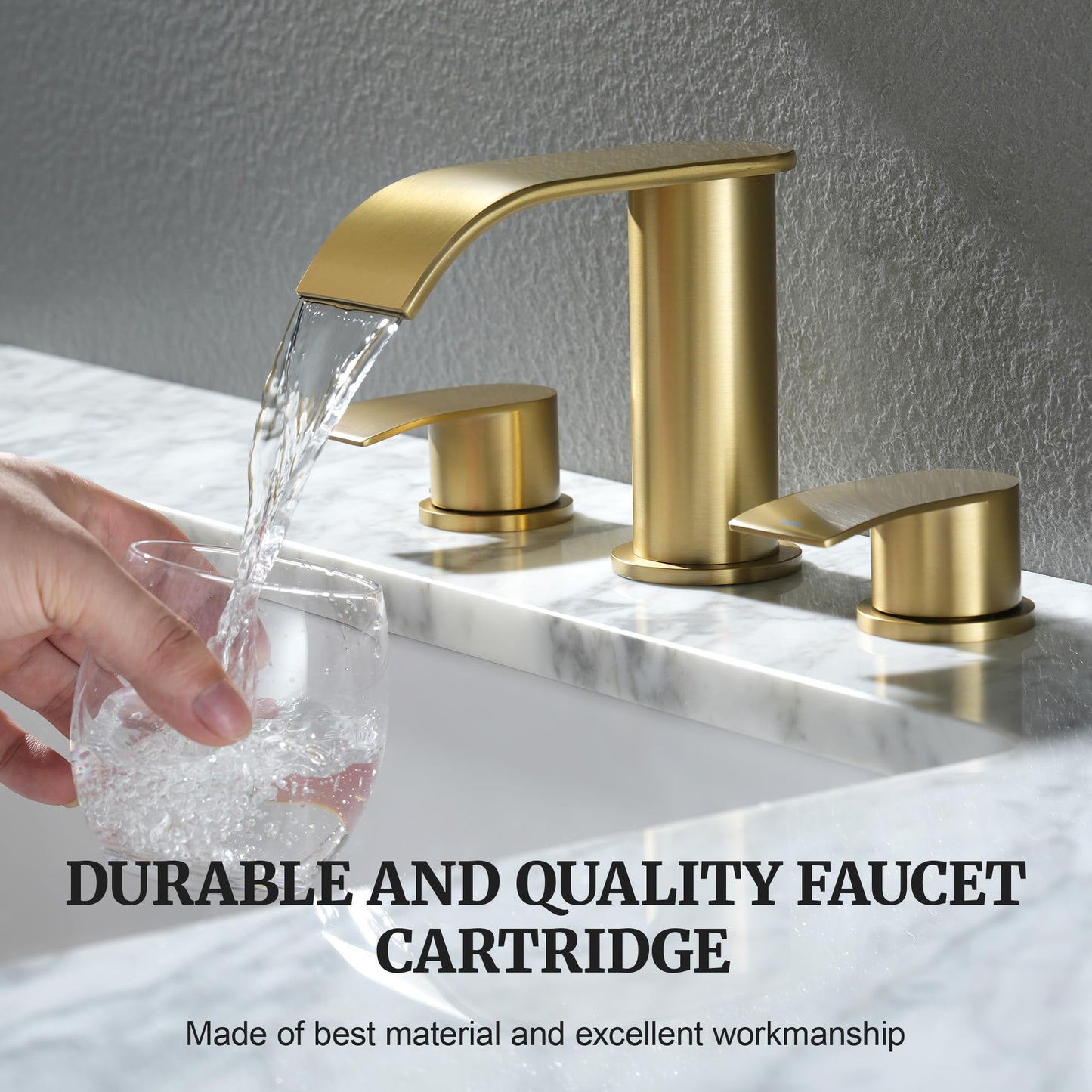 Ultimate Unicorn 8 inch Bathroom Faucet Brushed Gold, Waterfall Bathroom Sink Faucet with Metal Pop-up Sink Drain Stopper and 2 Supply Hoses,2 Handle Widespread Faucet for Vanity Sink 3 Holes