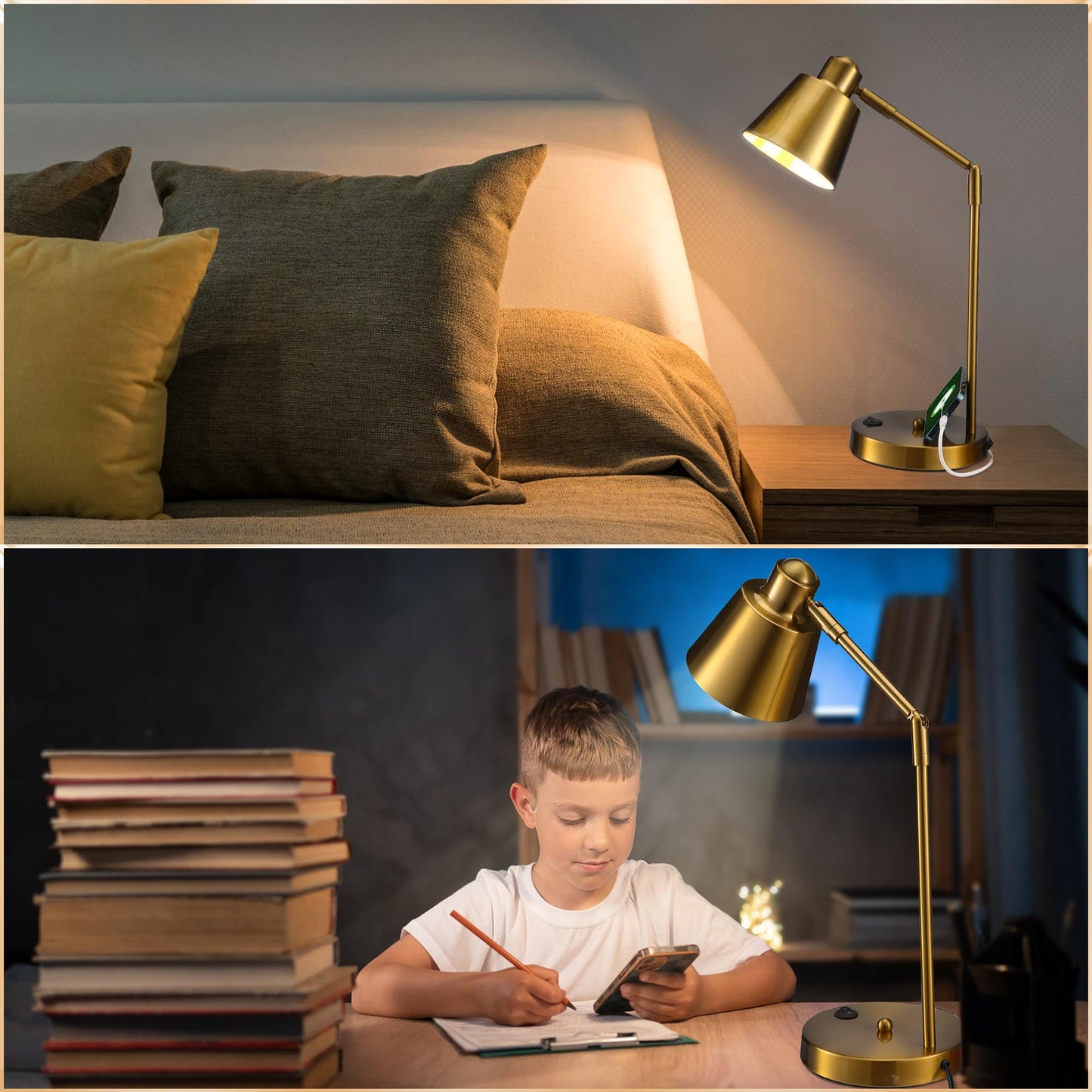 Anxingtools LED Desk Lamp with Dual USB Charging Ports, 100% Metal, 270° Swivel Arms, Soft White Light (3000K), Bedside Reading Lamp, Home Office Lamp(Golden)