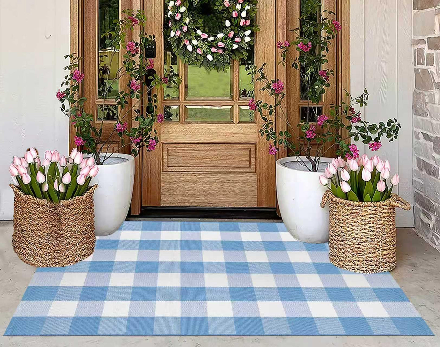 Buffalo Plaid Rug 3'x 5' Light Blue and White Checkered Porch Rug Cotton Woven Washable Layering Door Mat for Welcome Door Mat Porch Entryway Bedroom Living Room