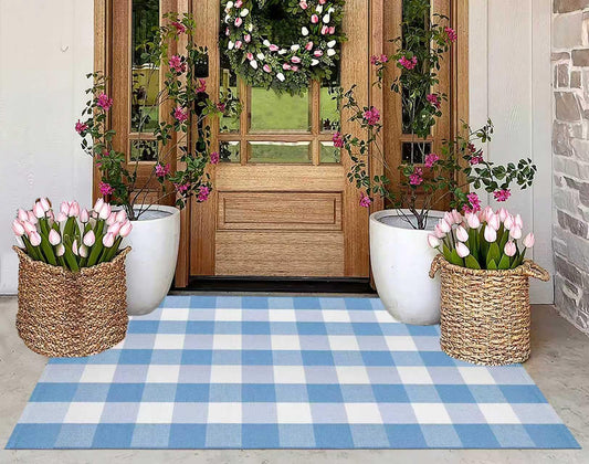 Buffalo Plaid Rug 3'x 5' Light Blue and White Checkered Porch Rug Cotton Woven Washable Layering Door Mat for Welcome Door Mat Porch Entryway Bedroom Living Room