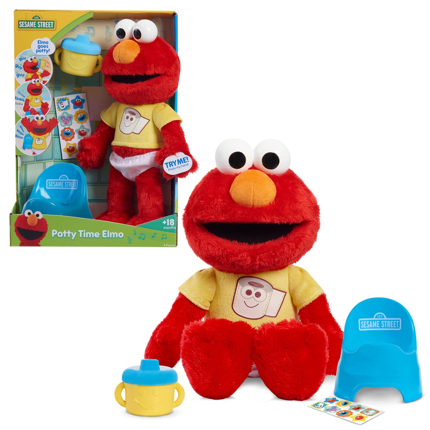 Sesame Street Potty Time Elmo 12-Inch Sustainable Plush Stuffed Animal, Sounds and Phrases, Potty Training Tool, Officially Licensed Kids Toys for Ages 18 Month, Gifts and Presents