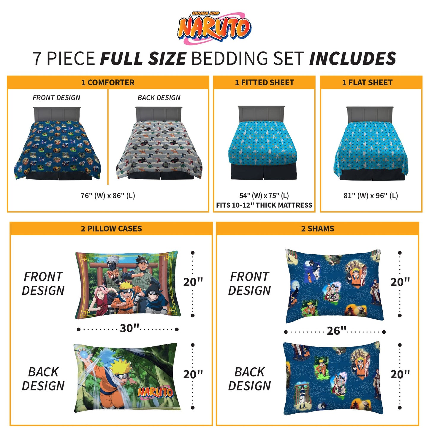 Naruto Anime Bedding Super Soft Comforter and Sheet Set with Sham, 7 Piece Full Size, By Franco