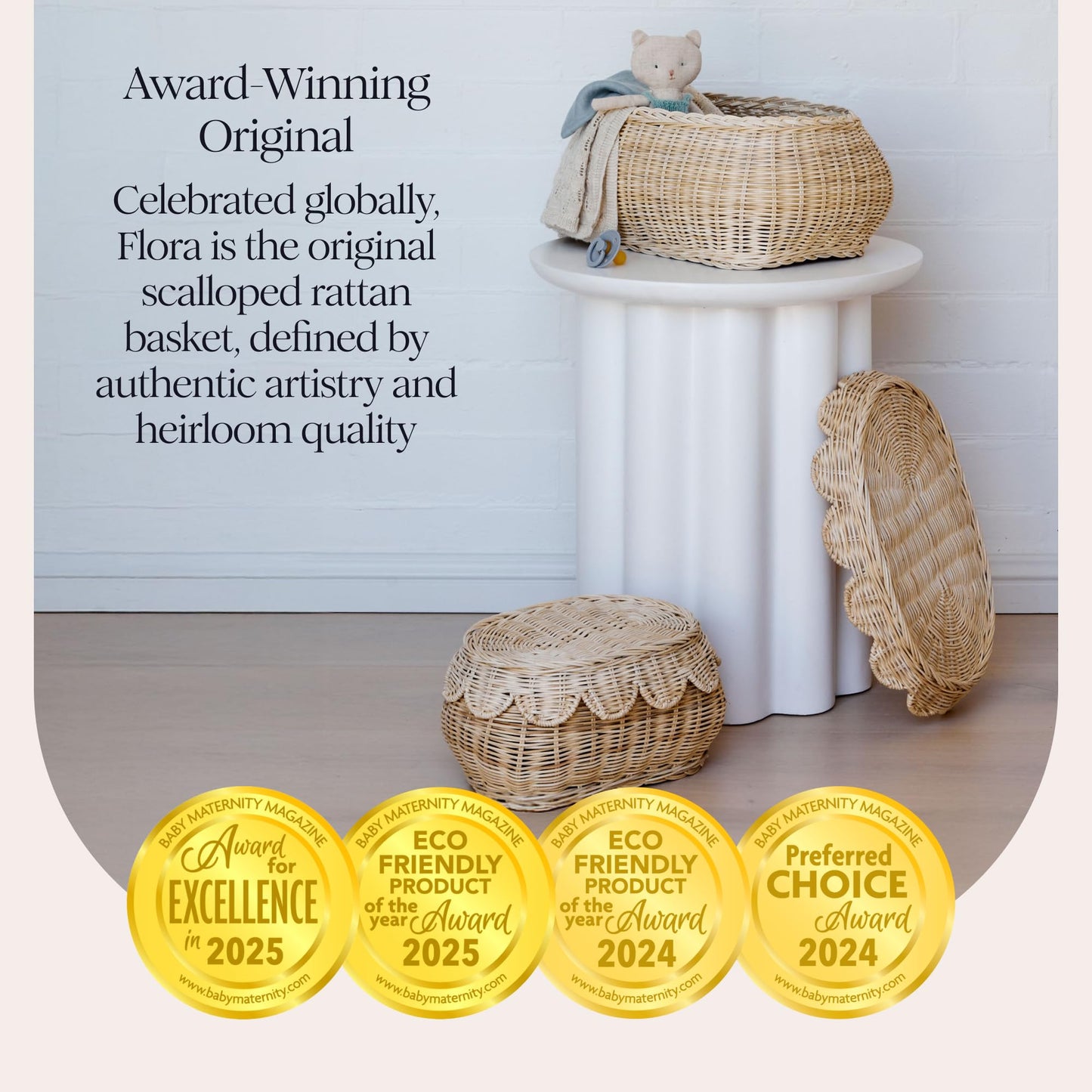 BEBE BASK The Original Scalloped Basket Set Of 2 – Small Scallop Basket - 15 x 10 x 6 In - Hand-Woven & Award-Winning - Elegant Wicker With Scalloped Edge Lid - Nursery Storage - (Natural)