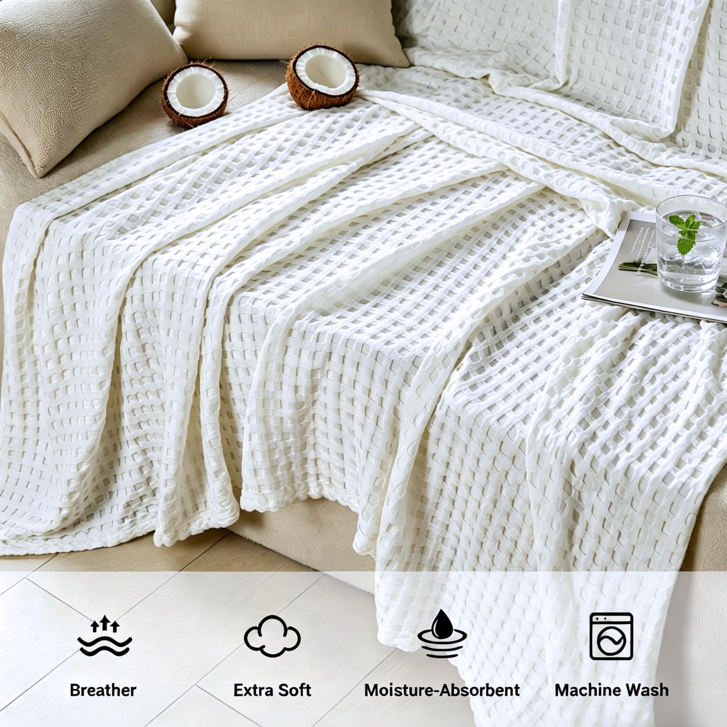 Aganear Cooling Blanket Queen Size for Hot Sleepers,Lightweight Cotton Summer Blanket of Rayon Derived from Bamboo.Waffle Weave Luxury Throws for Bed,Couch and Sofa.White,90x90 Inches