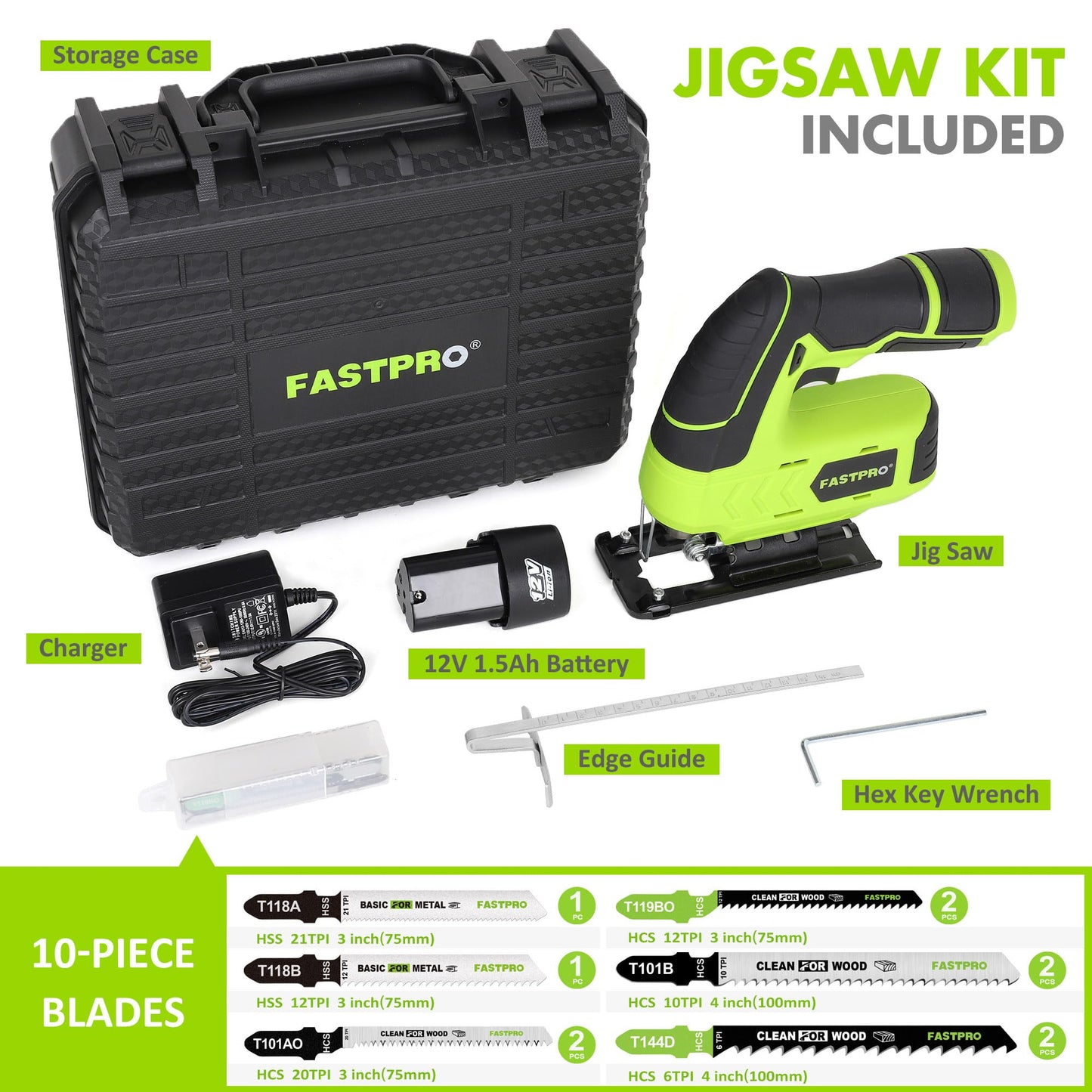 FASTPRO 12V Cordless Jig Saw Kit, Electric Jigsaw with 10pcs Blades & Edge Guide, Included 1.5 Ah Battery, Charger and Storage Case