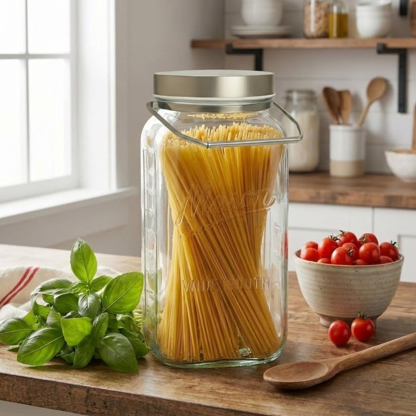 kitchentoolz Large 2 Gallon Glass Mason Jar with Big Airtight Metal Lid and Carry Handle – Wide Mouth Square Container with Measurements for Dry Goods, Bulk Storage, and Food Prep