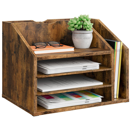 CHOEZON Wooden Desk Organizer with Adjustable Partitions, Multi-Layer Desktop File Holder for Home Office, Paper & Stationery Storage Organizer, Rustic Brown MWJ04FG