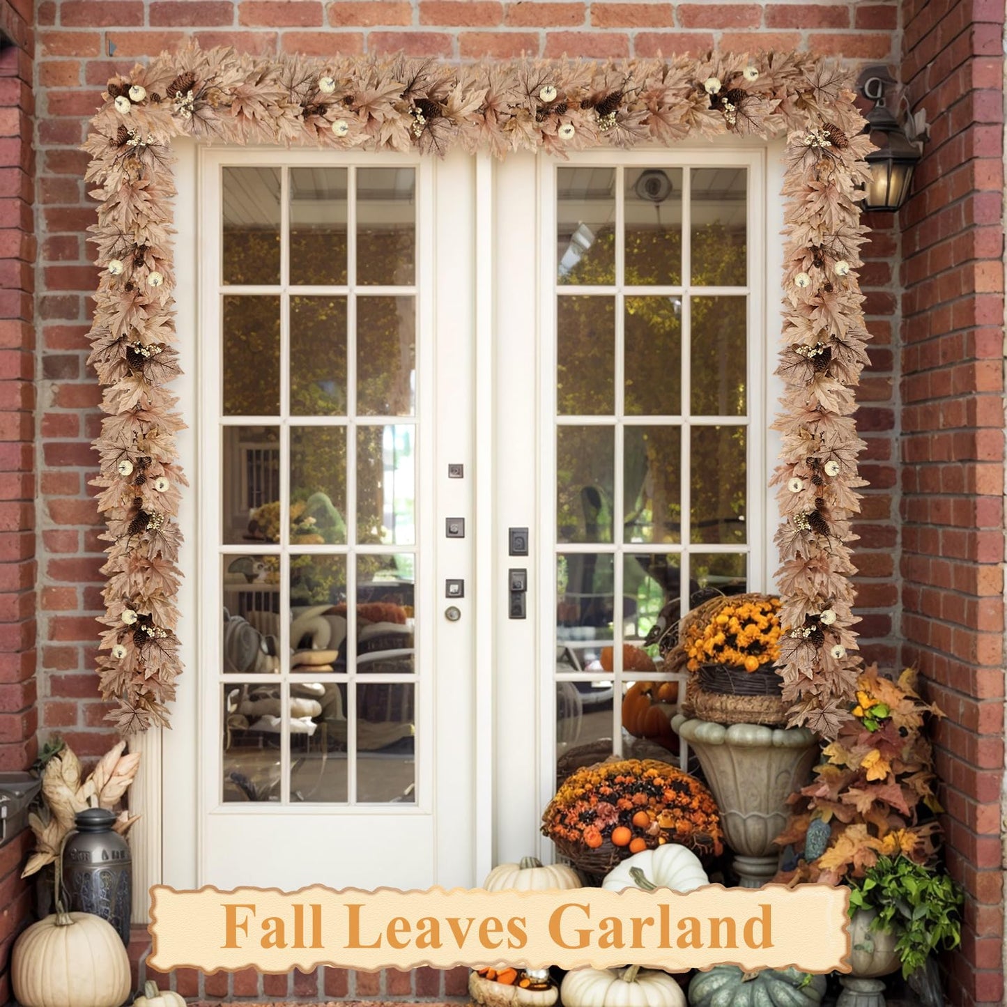 6 FT Fall Garland with Lights Timer Function Autumn Fall Leaves Garland with Berries Pine Cones Pumpkins Realistic Automatic ON/Off Timer Fall Decorations for Home Mantle Fireplace Porch Door Table