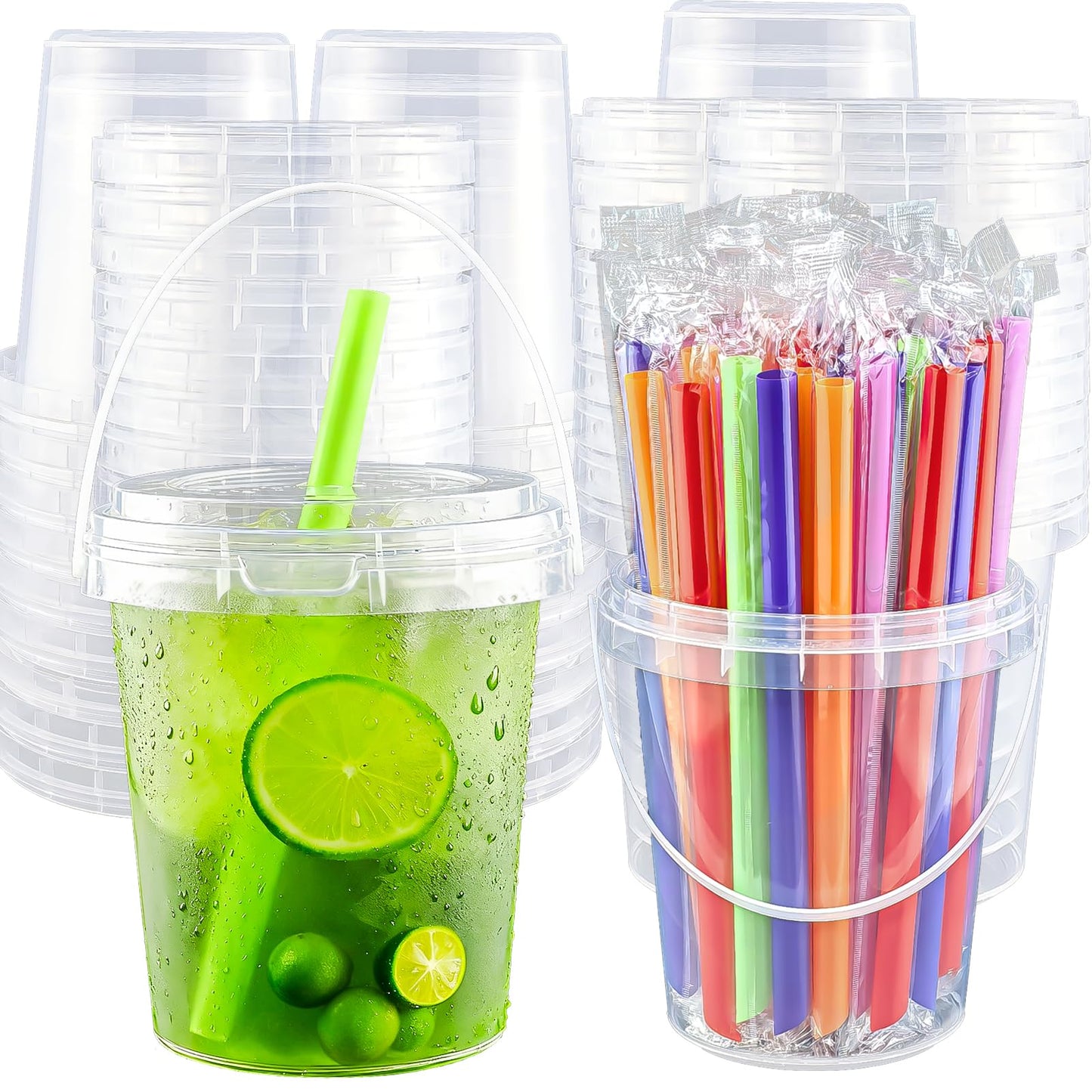 Qsqwsuye 30Sets Disposable Cups With Lids and straws 34oz Drink Buckets with Handles for Outdoor HolidayTravel Wedding Birthday Party Supplies