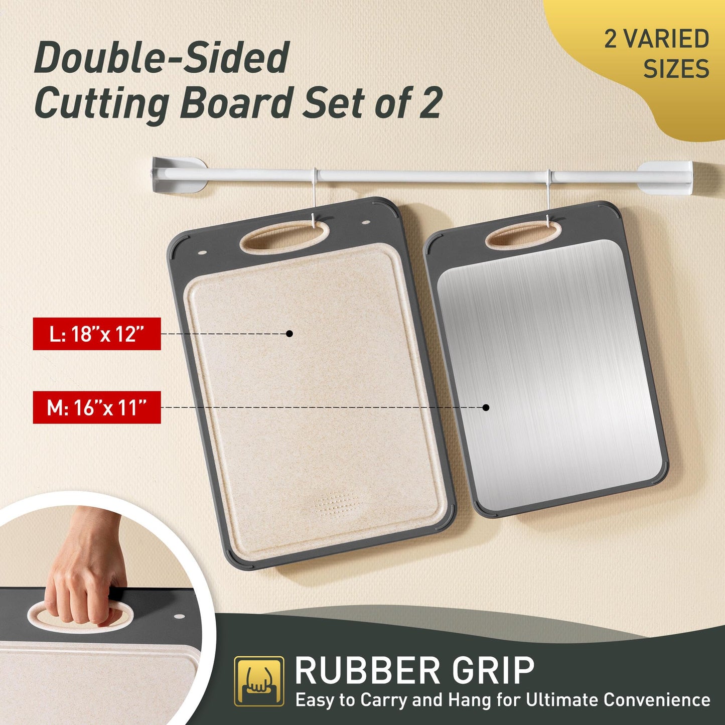 2 Packs Stainless Steel Cutting Board Set, Best Non Toxic Cutting Boards for Kitchen, Double Sided Metal Chopping Board for Meat/Fruit/Vegetables, Food Grade Kitchen Set Gift, [16”×11”+18”×12” Inch]