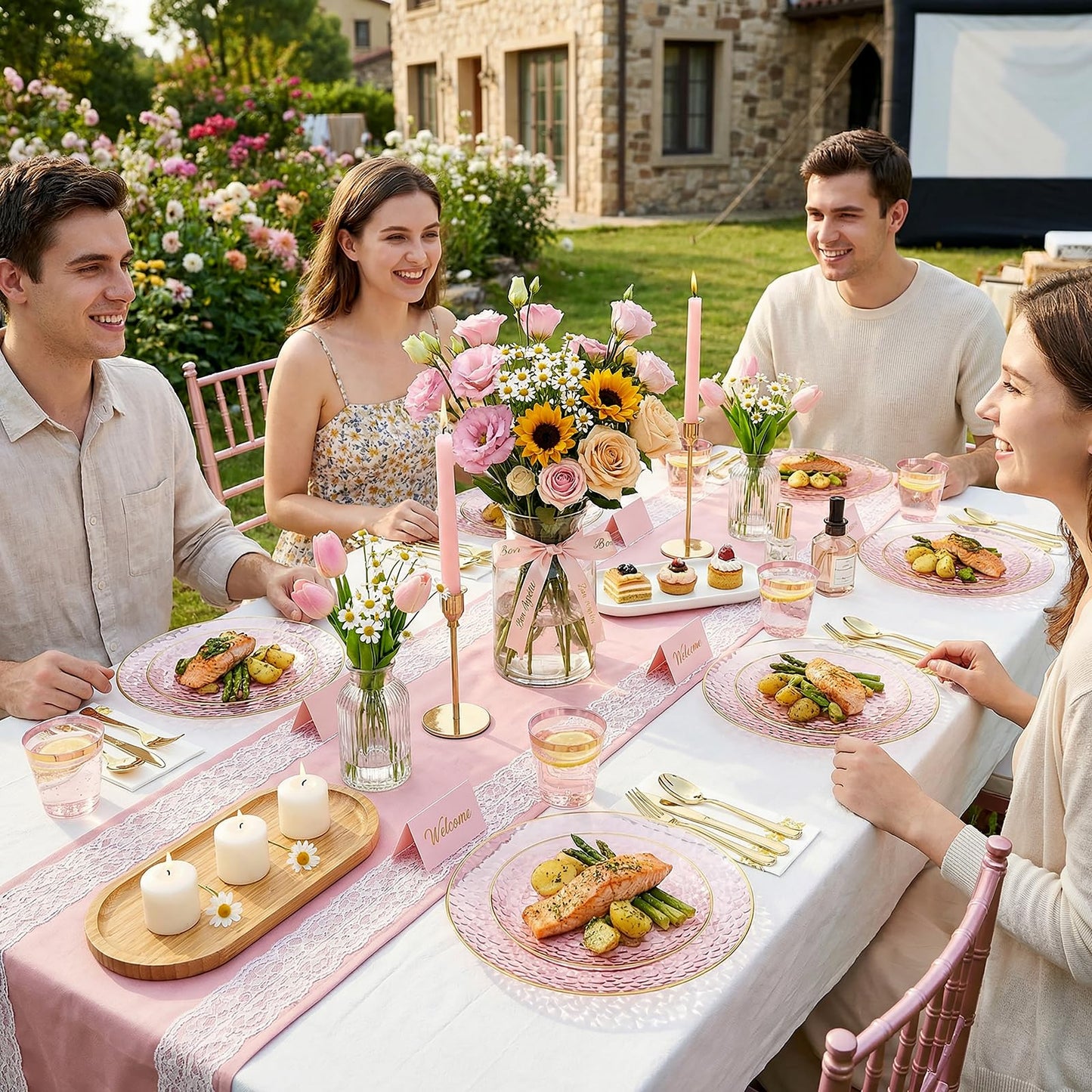 Rubtlamp 350 Pcs Clear Pink Plastic Plates, Pink Gold Plastic Dinnerware Set (50 Guests), Disposable Plates With Gold Rim, Hammered Party Plates Set for Wedding And Party