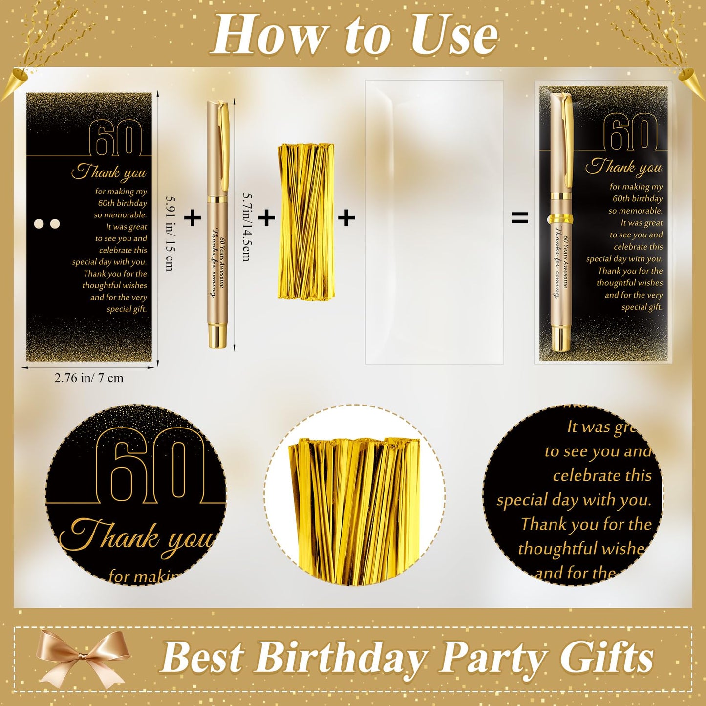 Feifeiya 50 Set 60th Birthday Party Favor for Guest Anniversary Party Favor with Black and Gold Ballpoint Pens and Thank You Cards for Women Men Birthday Anniversary Appreciation Gifts