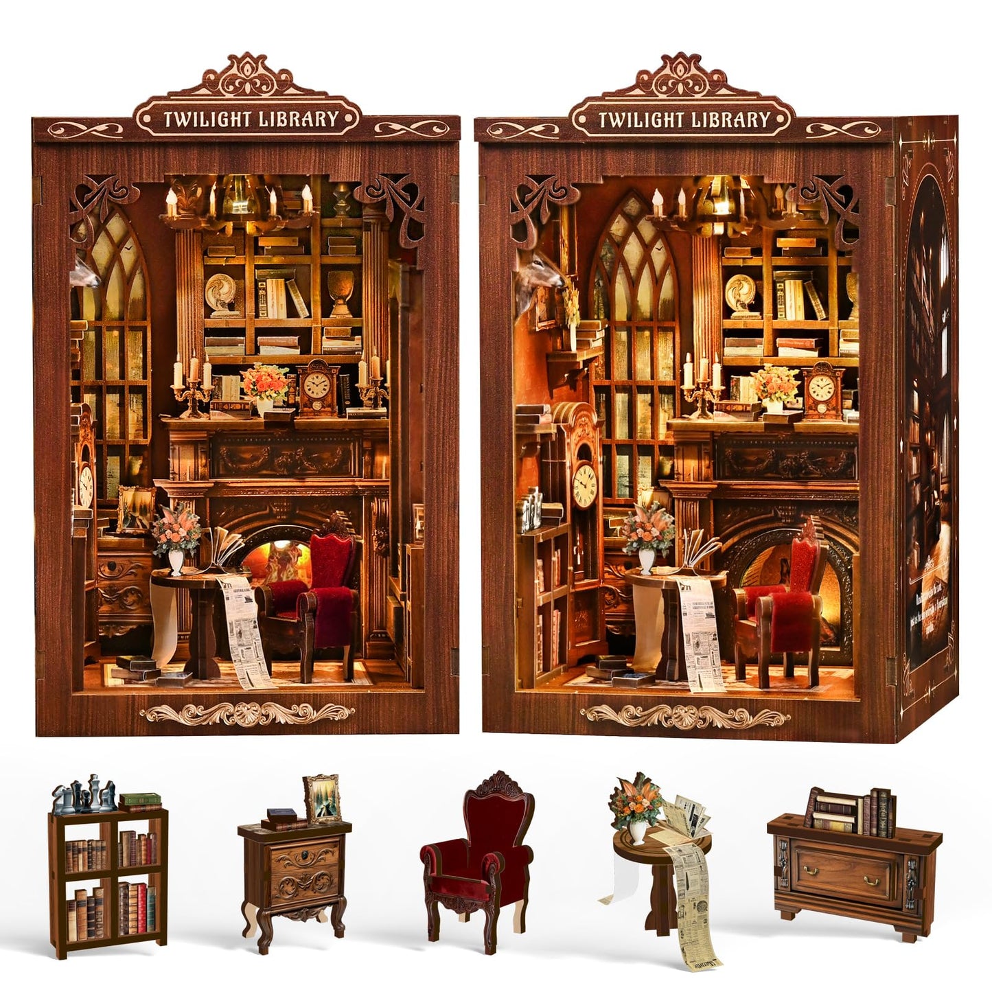 Kubelyx Book Nook Kit - DIY Miniature House Kit & Dollhouse Craft for Adults, Teens, Book Lovers, 3D Wooden Puzzle with LED Light, Bookshelf Decor, Gifts for Family and Friends (Twilight Library)