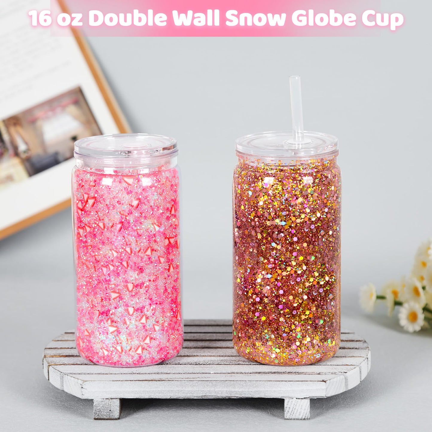 Tswofia 12 Pack Snow Globe Tumbler with Pre Drilled Hole, 16 Oz Double Wall Plastic Can with Lid and Straw, Plastic Mason Jar Mug for Snow Globe Glitter DIY Gift (Clear)