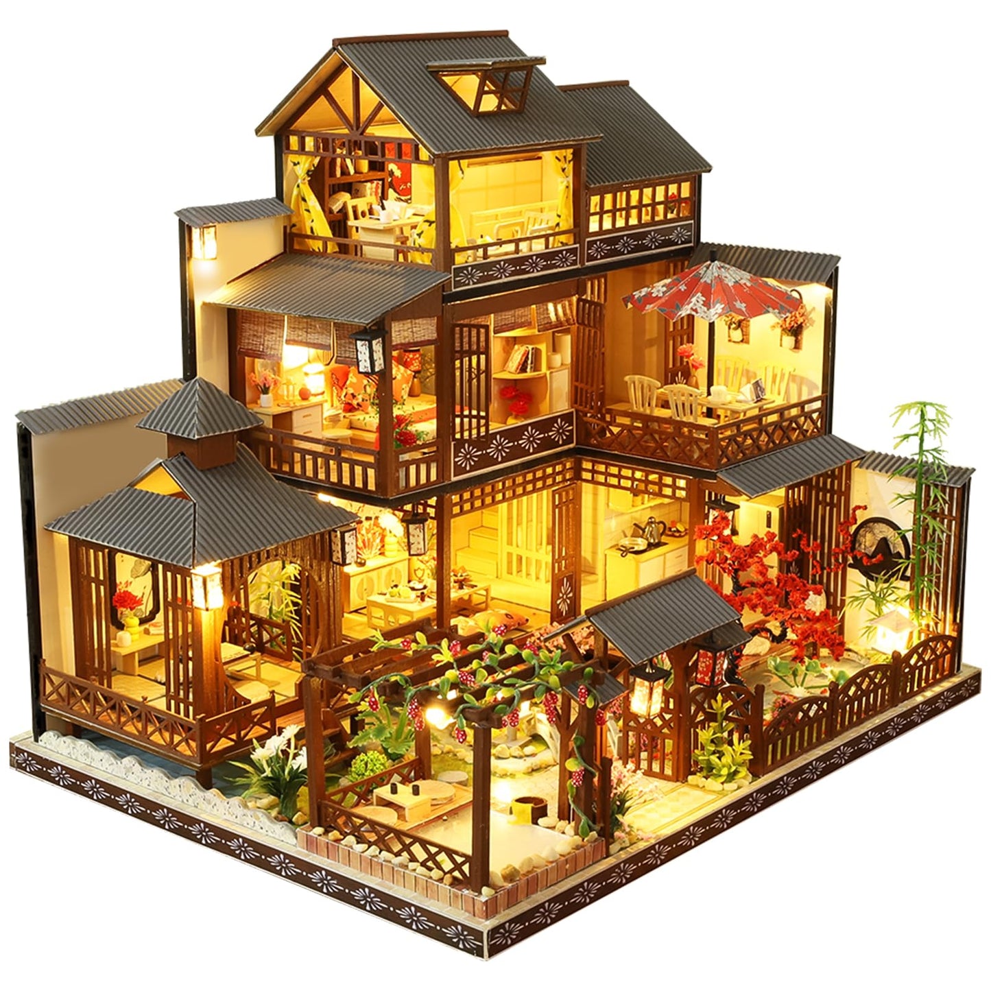 Spilay Dollhouse DIY Miniature Wooden Furniture Kit,Mini Handmade Castle Model Plus with LED & Music Box,Creative Doll House Toys for Adult Gift (Fuchun Resort)