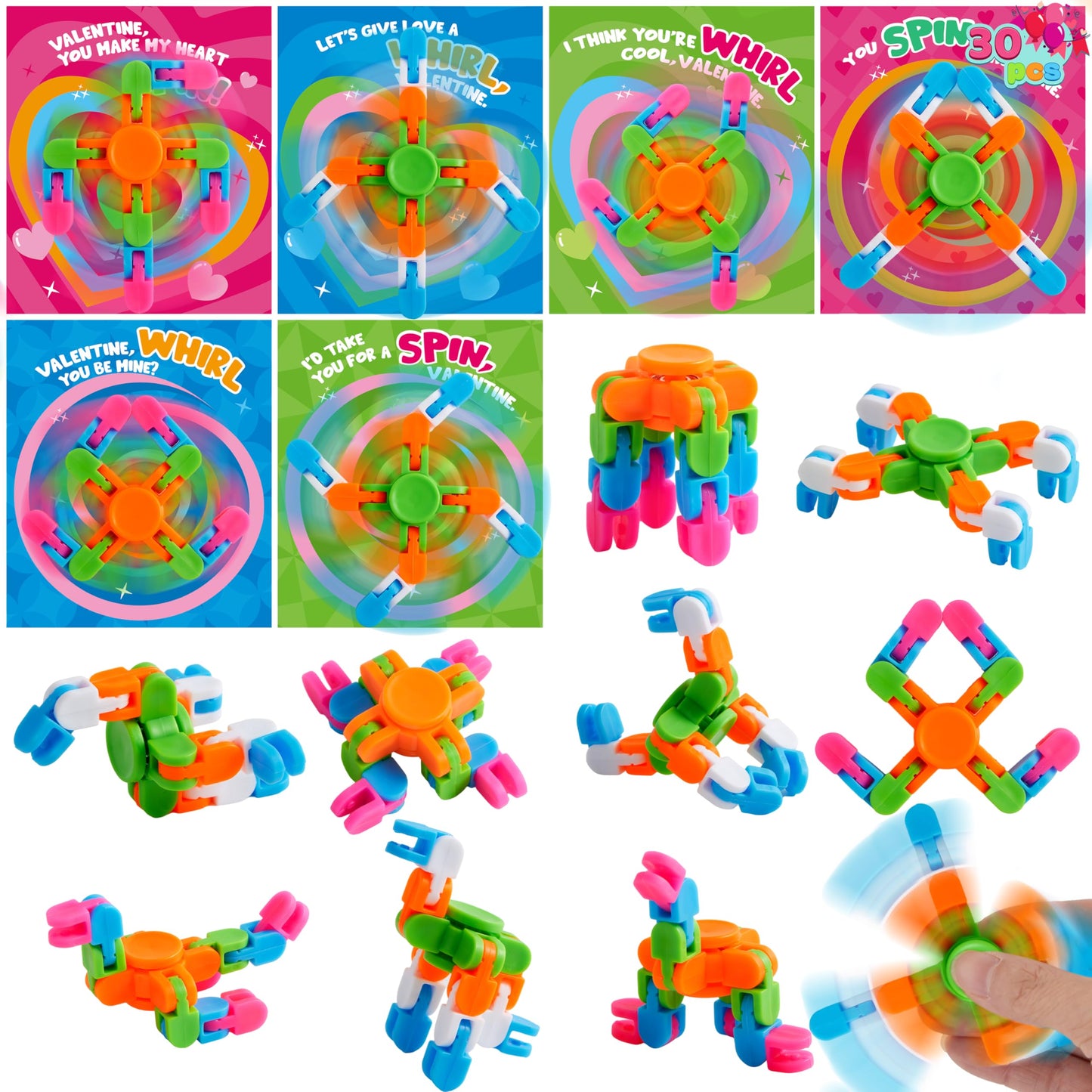 JOYIN 30 Packs Valentine's Day 6-Design Gift Cards with Fidgets Spinners, Deformable DIY Spinners Fingertip, Stress Relief Fidget Toys for Kids and Valentine's Party Favors, Classroom Gift Exchange