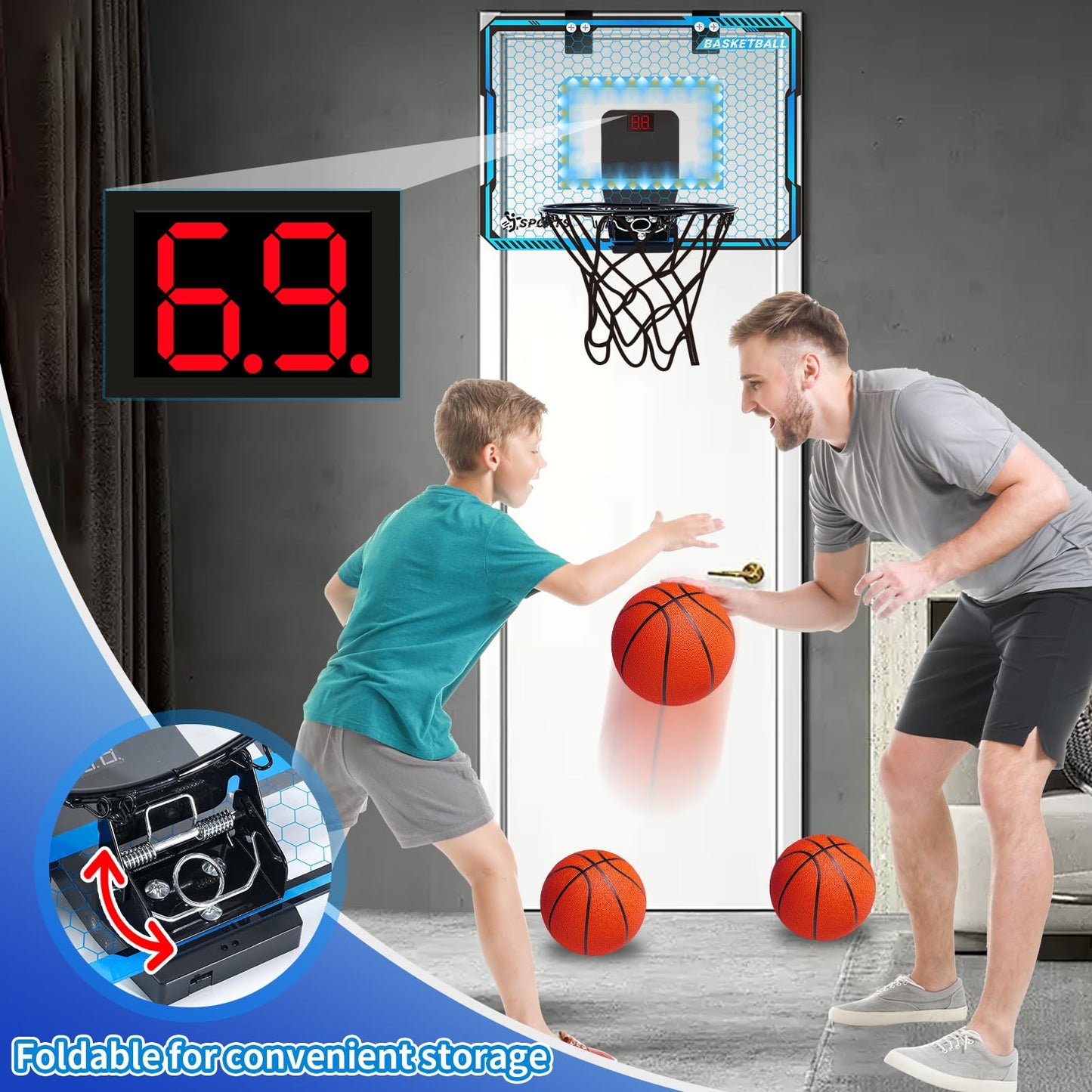 Toys for Boys, Indoor Basketball Hoop for Kids Age 5-10, with Electronic Scoreboard & 3 Balls - Over The Door Mini Hoop for Boys' Birthday