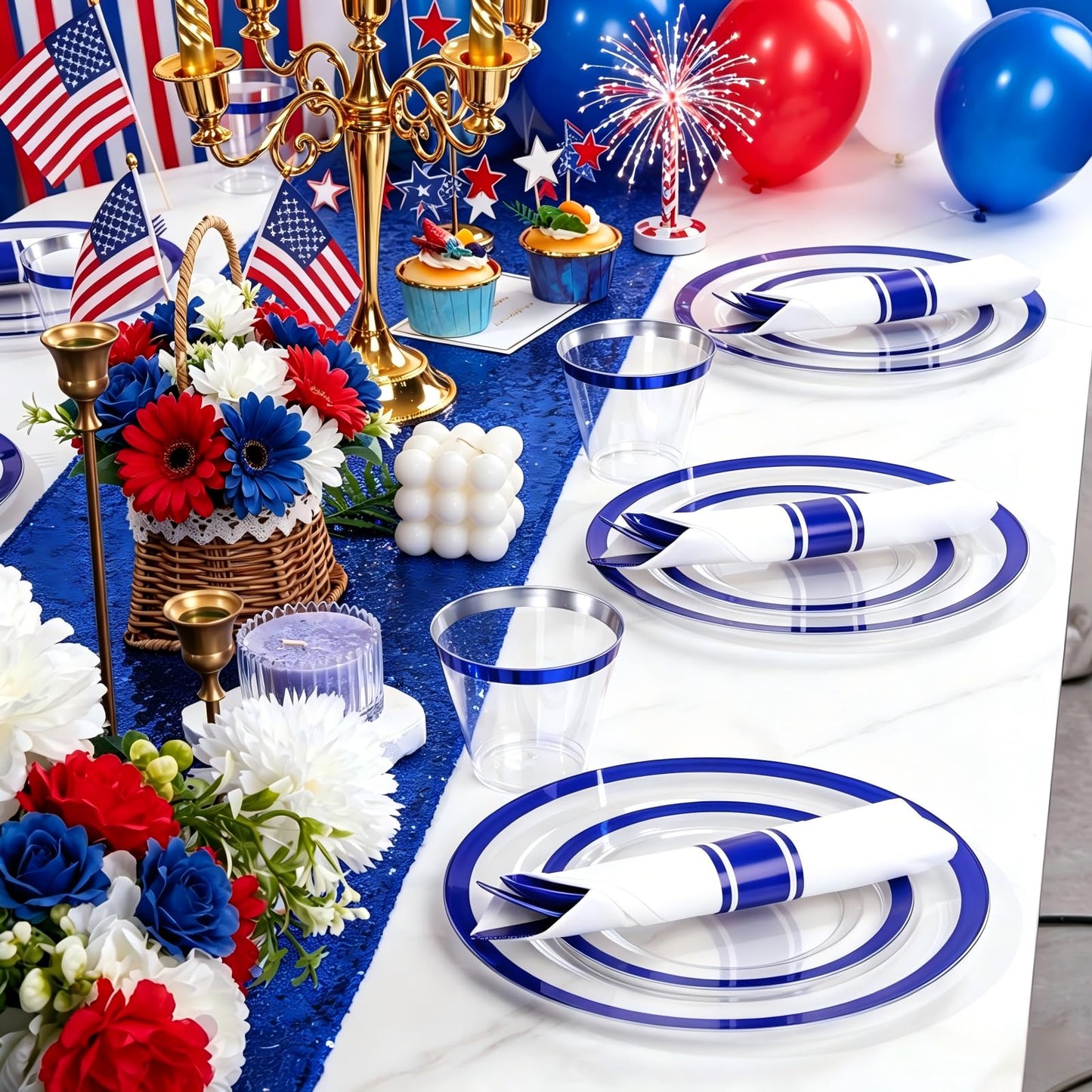 Liacere 350PCS Blue Plastic Plates - Clear with Blue Trim for 50Guests Dinnerware Include 100 Clear Plates disposable 150 Silverware 50Napkins for Wedding＆party&Graduation&Independence Day