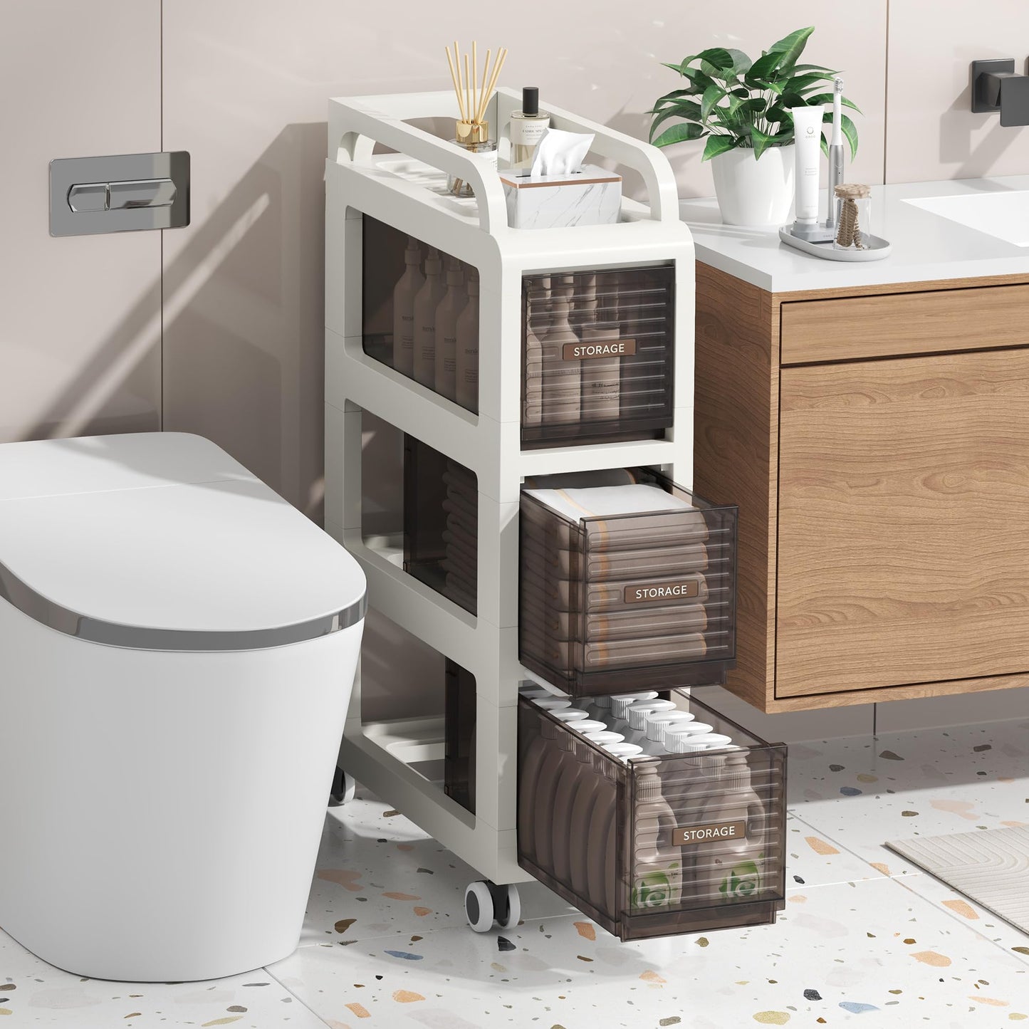 ZHYOCOGY Bathroom Storage with Drawers, 7.87" Wide Slim Storage Cabinet with Wheels for Small Spaces, Narraw Cart for Kitchen Office Bedroom Dinning Room Under Desk, 26" Tall