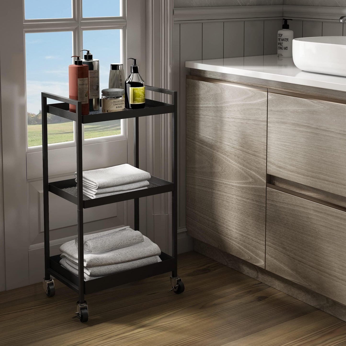 3-Tier Metal Cart with Wheels, Three Tier Rolling Cart,Utility Cart on Wheels Suitable for Office, Bathroom, Kitchen - Black (12.1" D x 17.7" W x 31.2" H