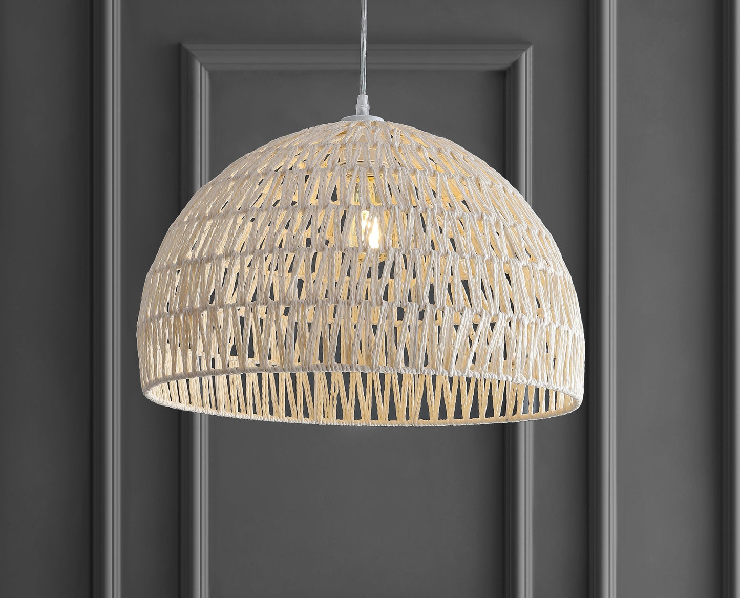 JONATHAN Y JYL6504A 20" Woven Dome Pendant Light, Bohemian Farmhouse Hanging Light Fixture with Adjustable Height for Kitchen Island, Dining Room, Living Room, Coastal Rope Ceiling Lamp, Cream