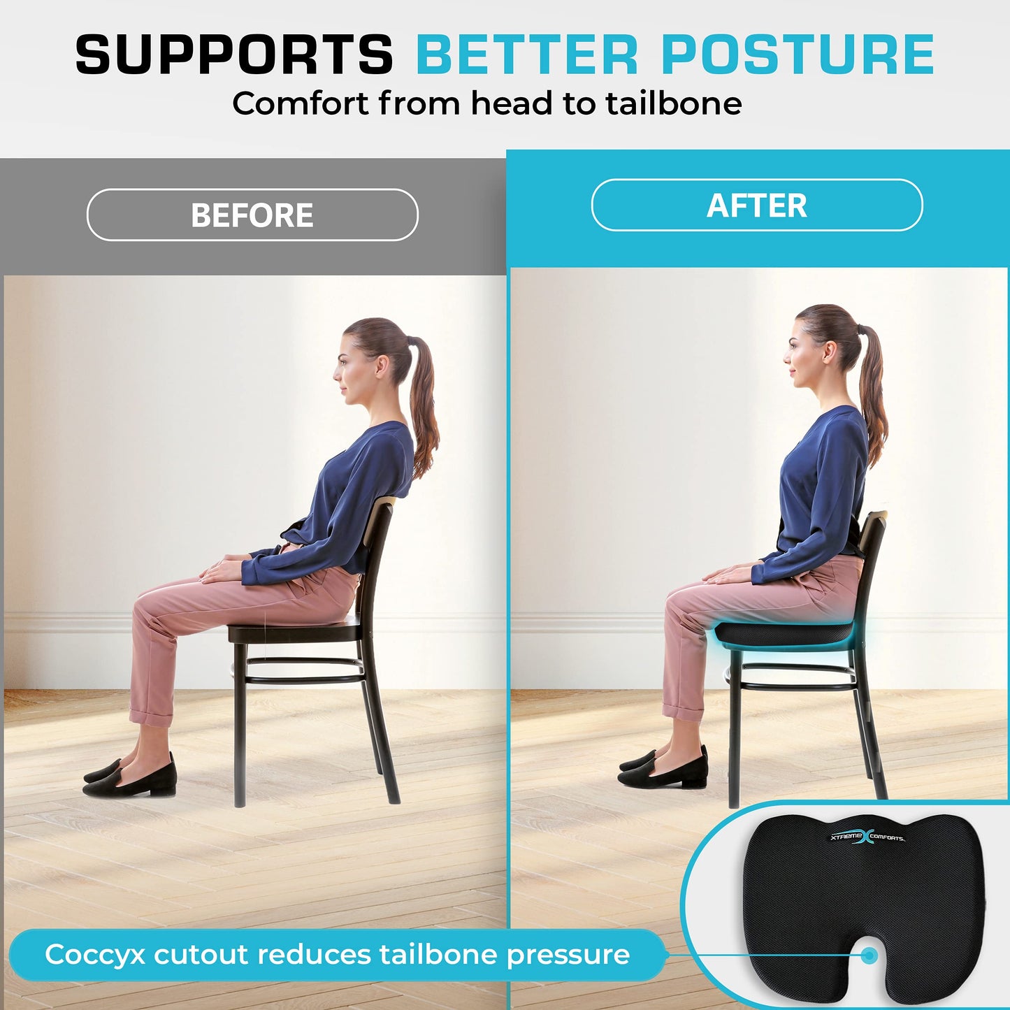 Xtreme Comforts Seat Cushions | Office Chair Cushions for Desk, Car, Wheelchair| Ergonomic Memory Foam Seat Cushion for Support & Comfort | Helps Improve Sitting Posture for Work & Body Relief